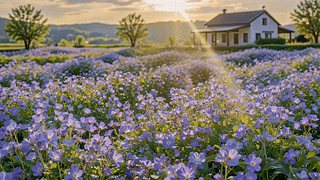 紫花田中的乡野小屋