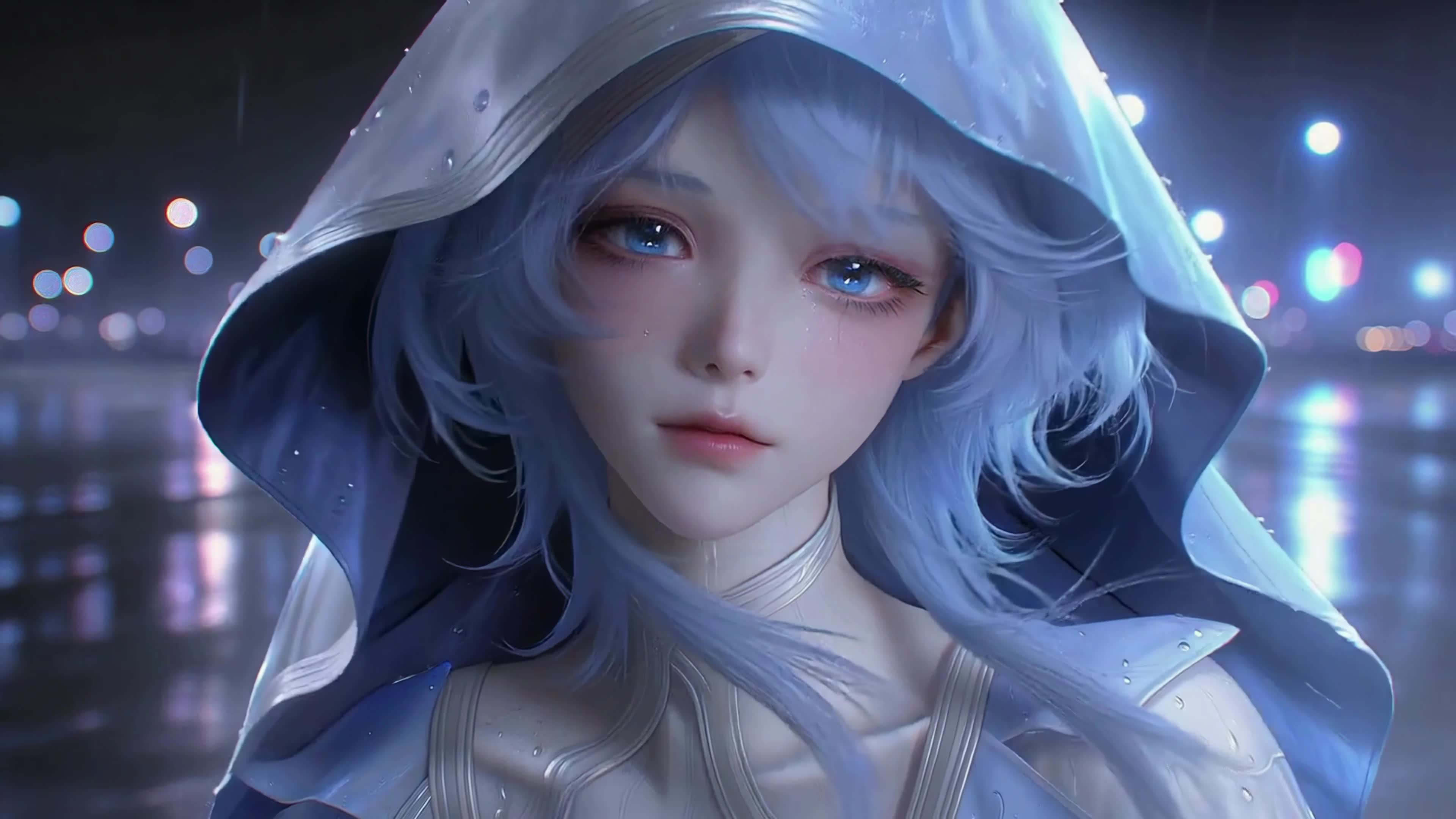 雨夜蓝发斗篷少女