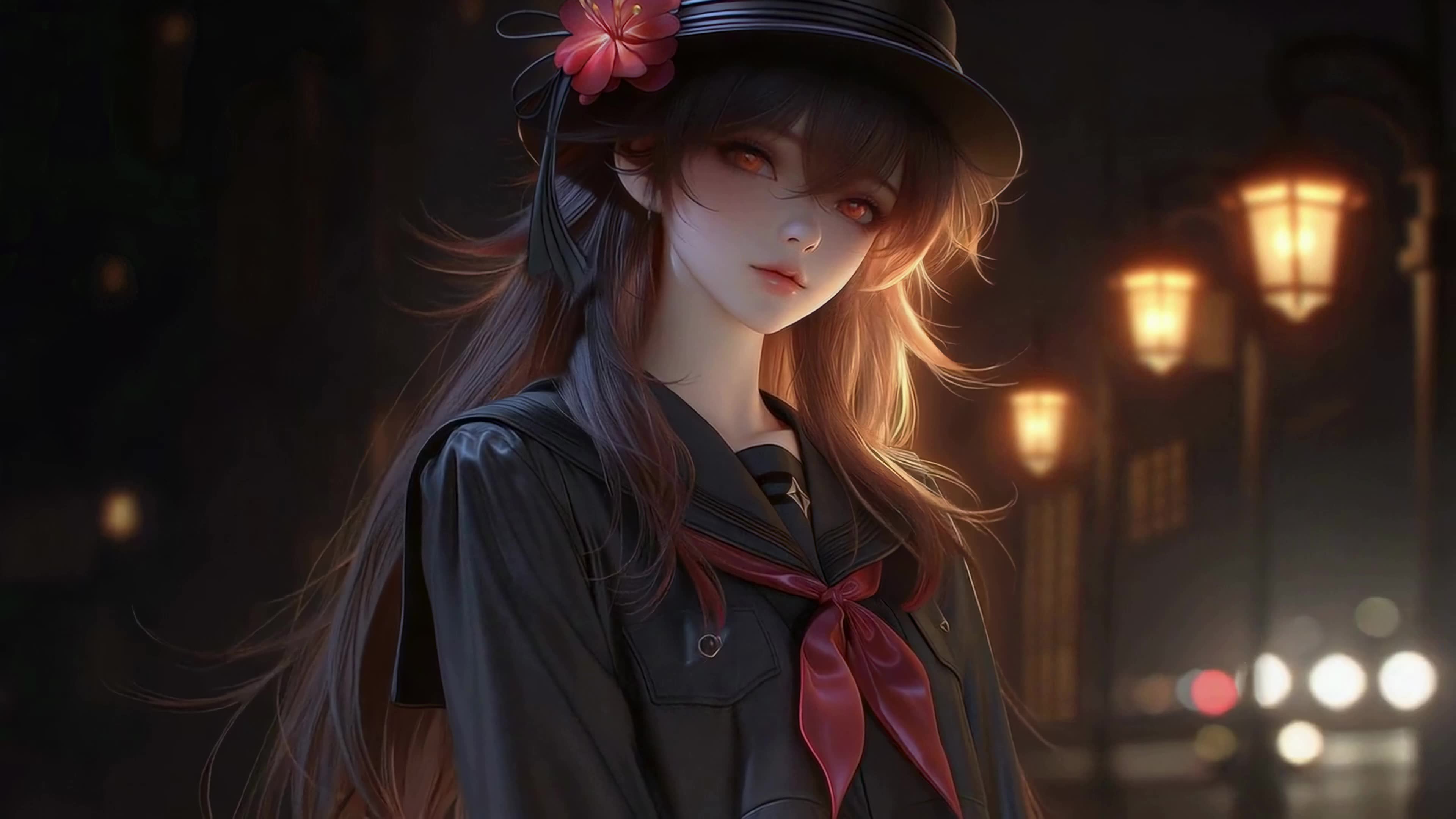 暗夜街灯红发少女