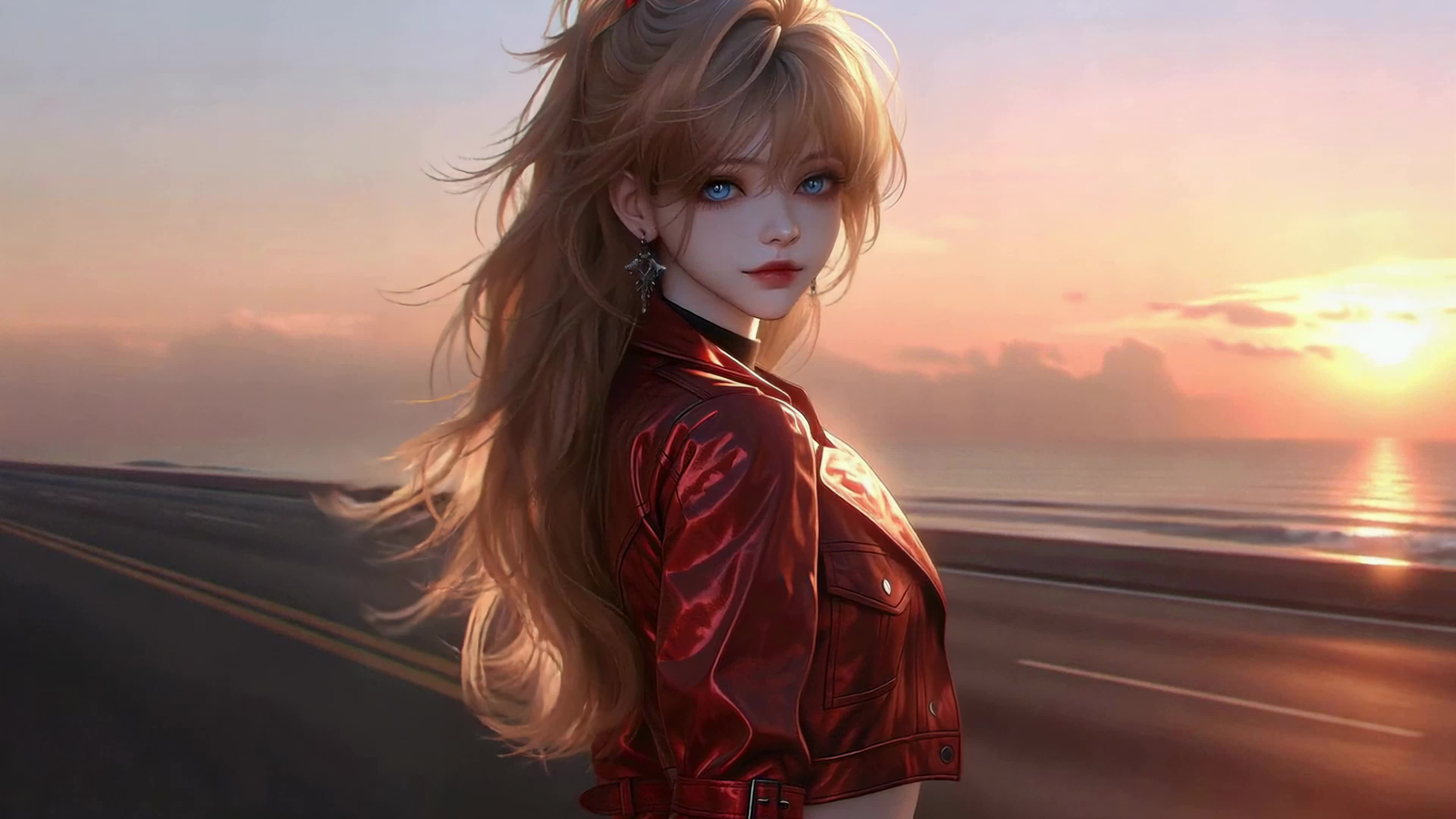 日落公路边的红发少女