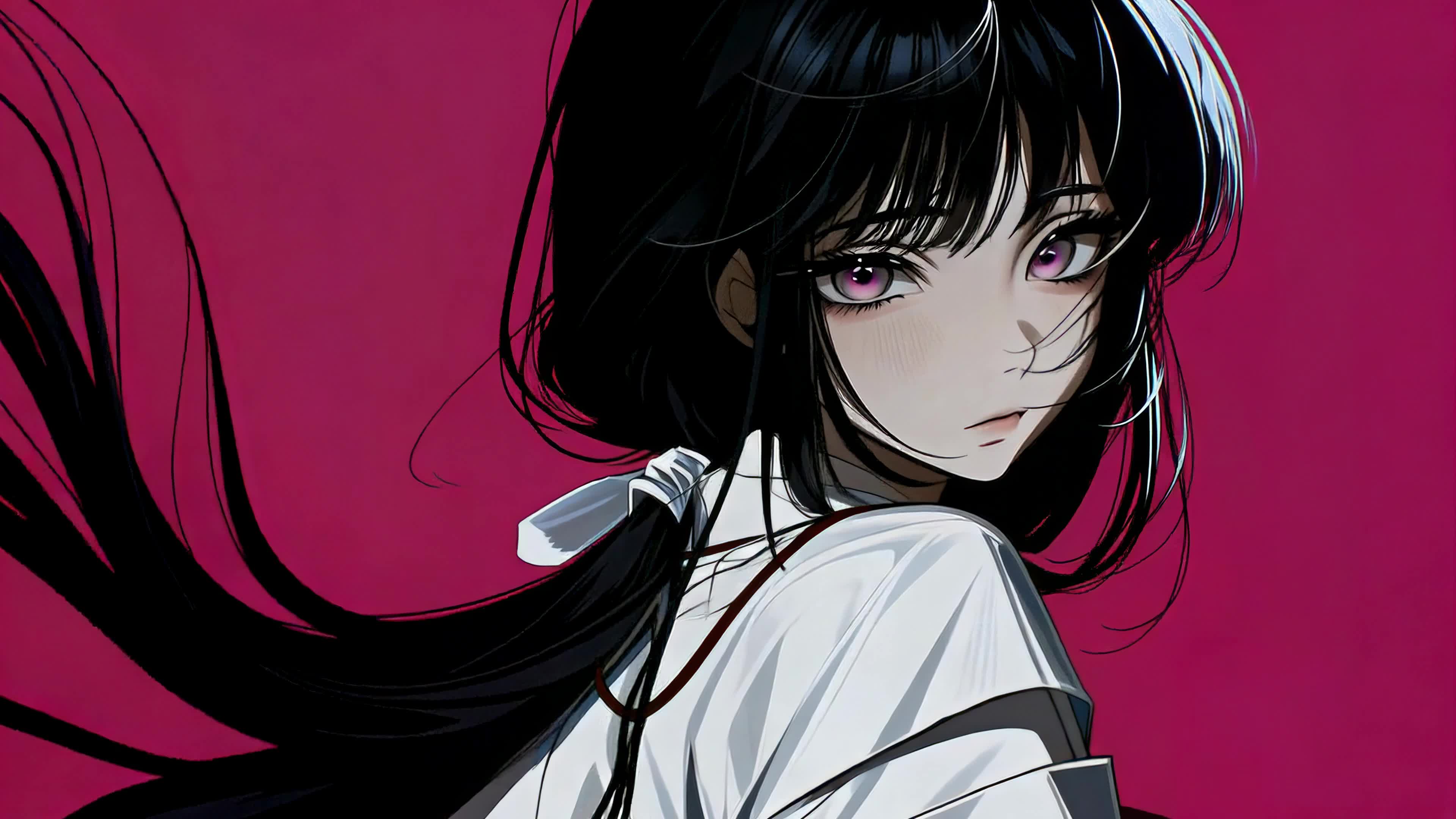 玫红背景清冷黑发少女