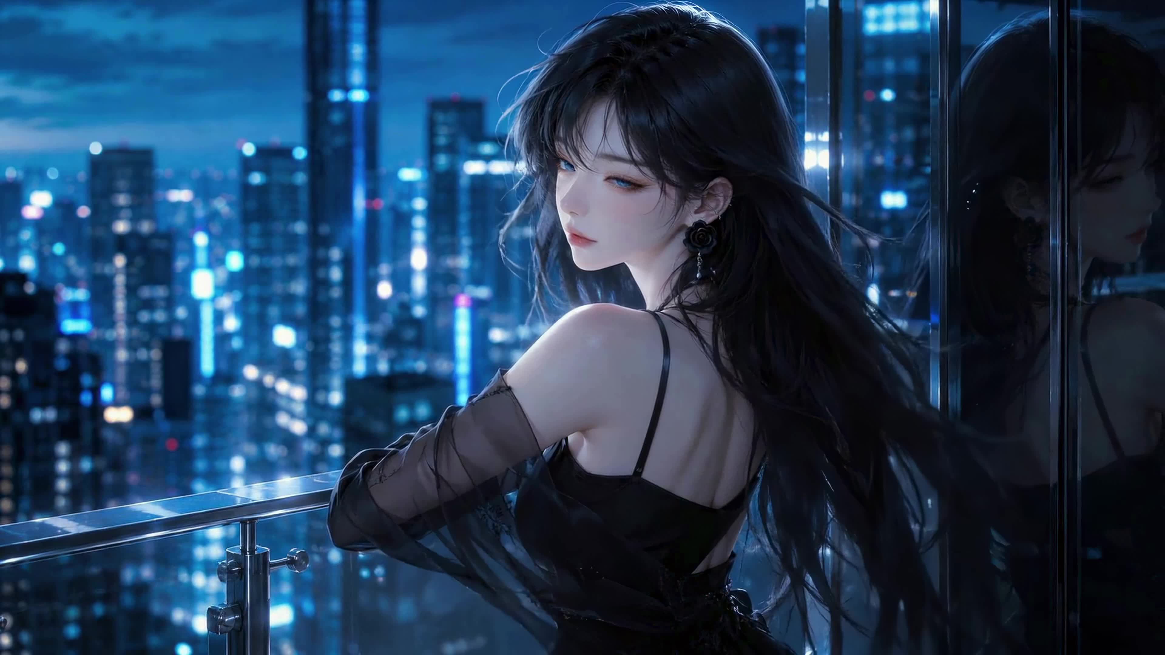 夜城露台的黑发少女