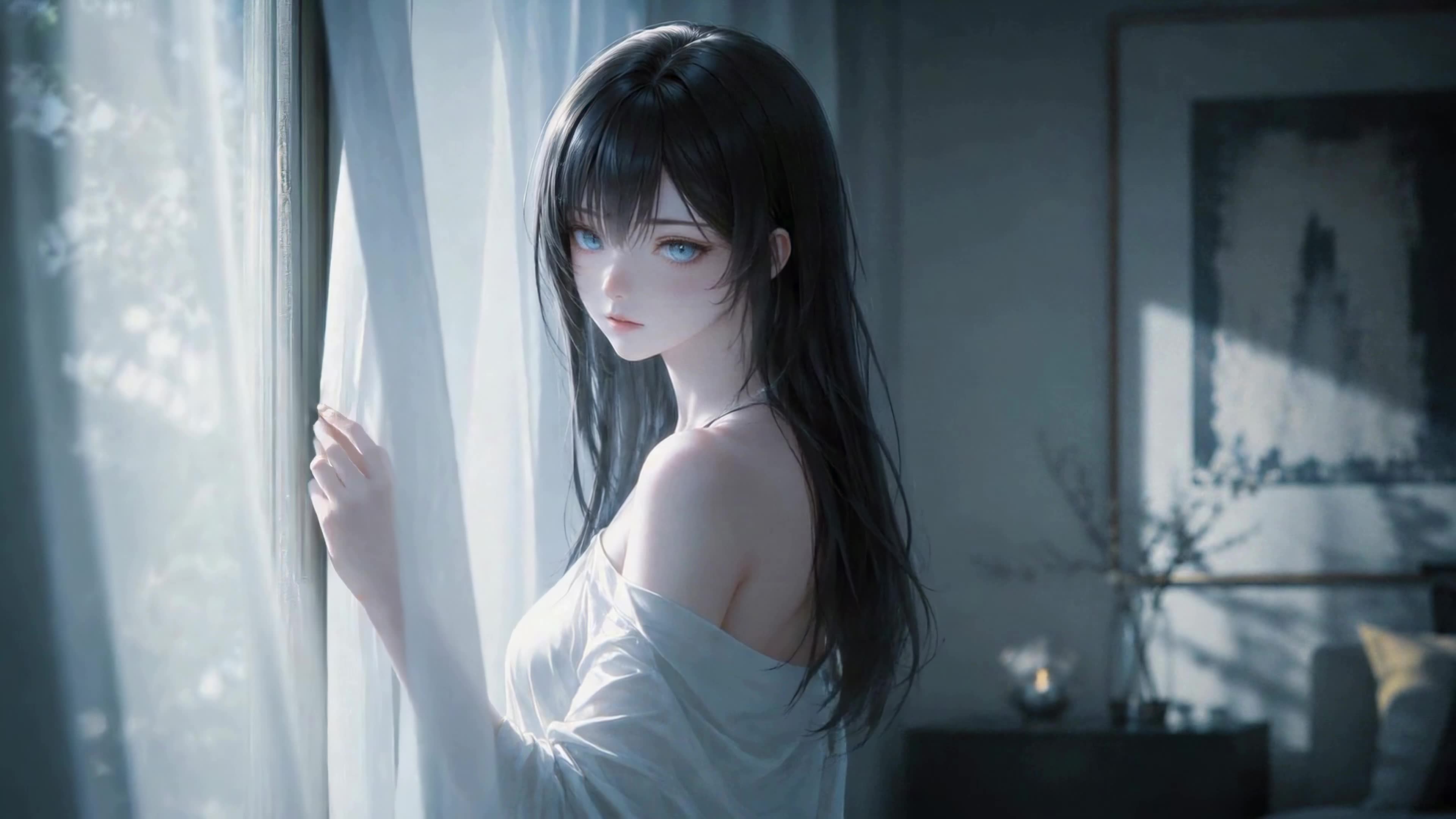 窗边蓝眸黑发少女