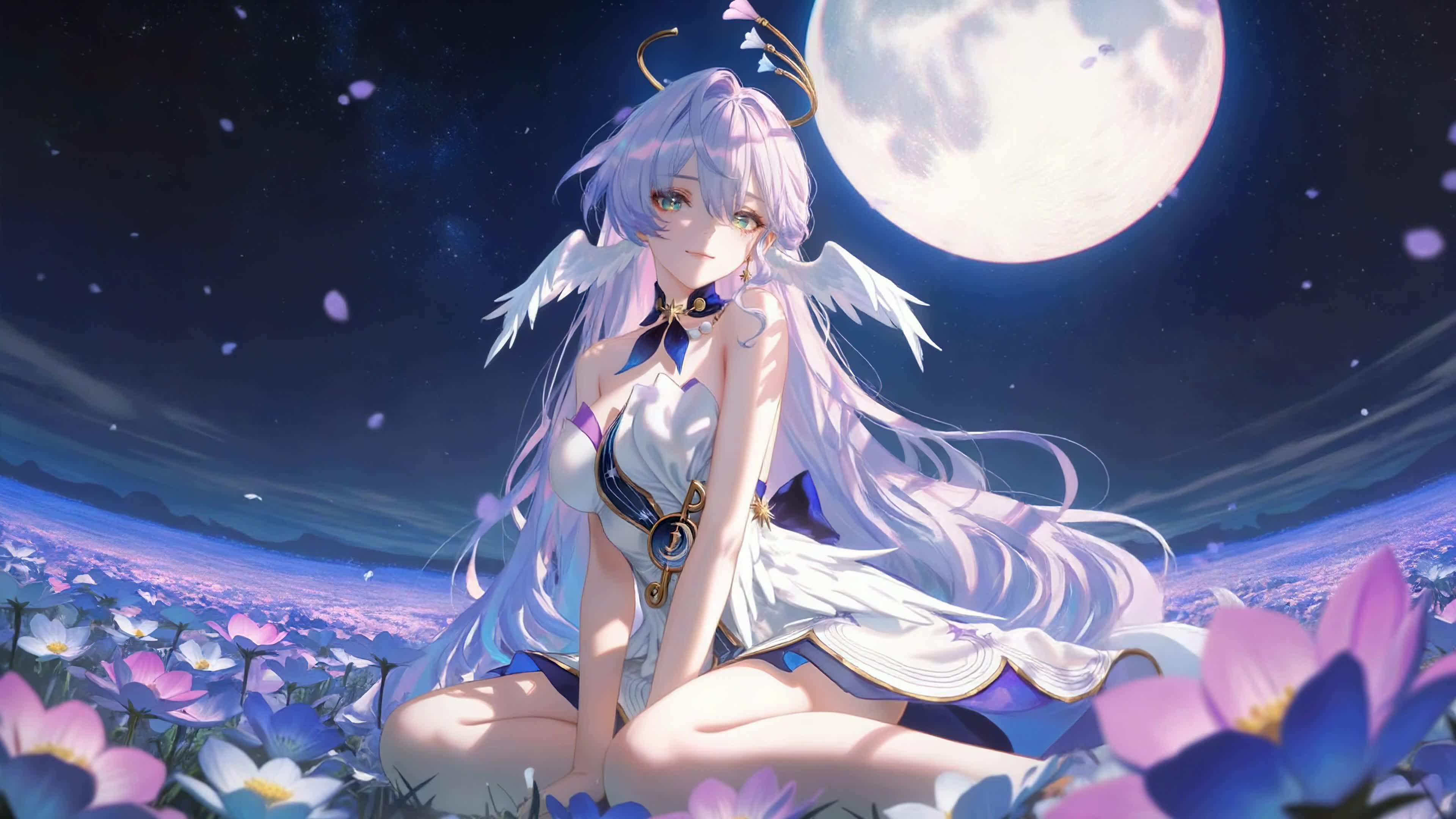 月下花田白发少女