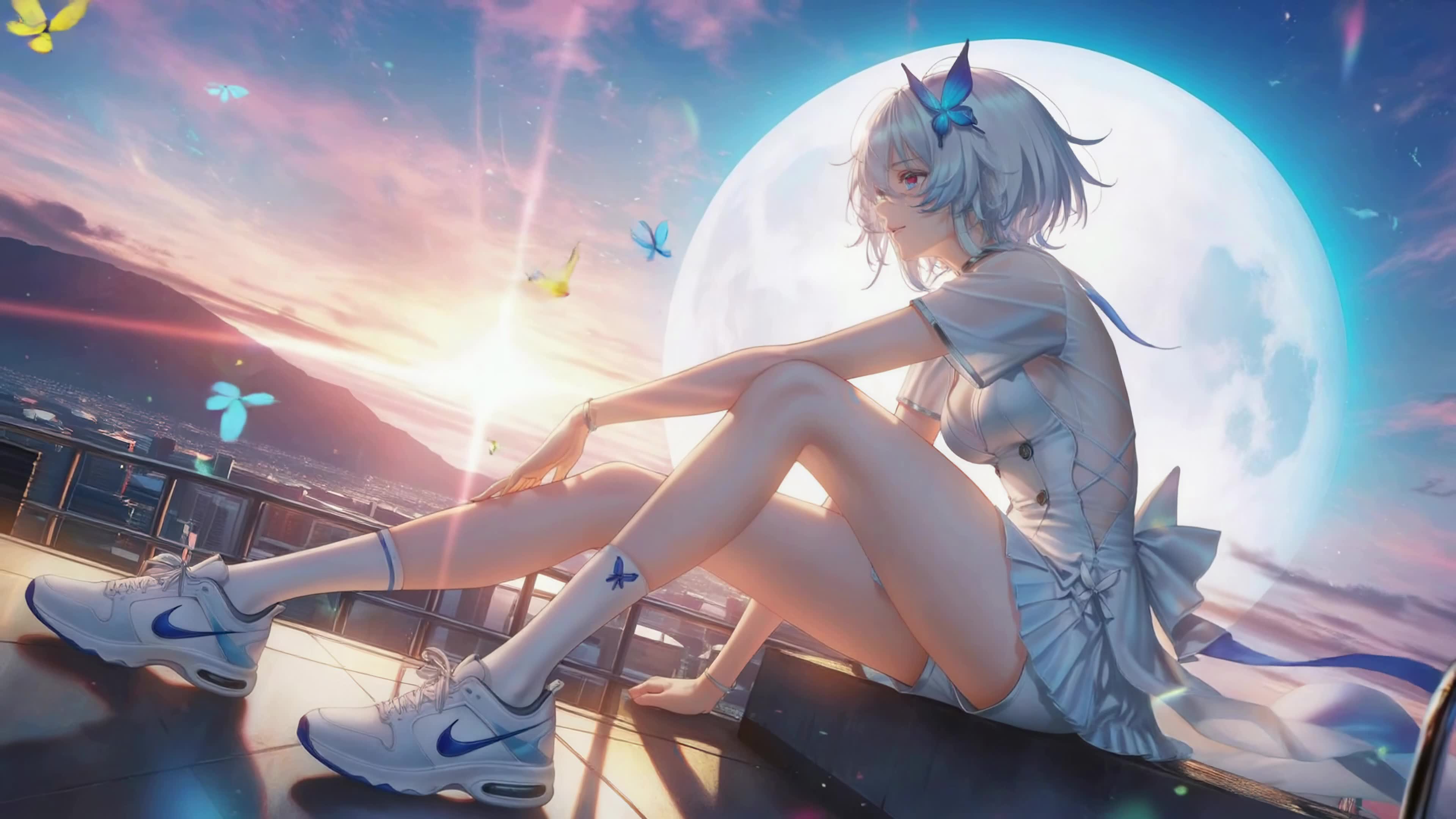天台落日下的银发少女