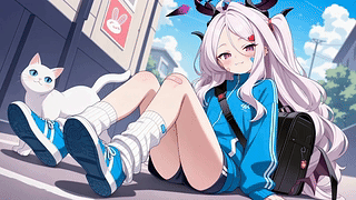 街角休闲少女与猫咪
