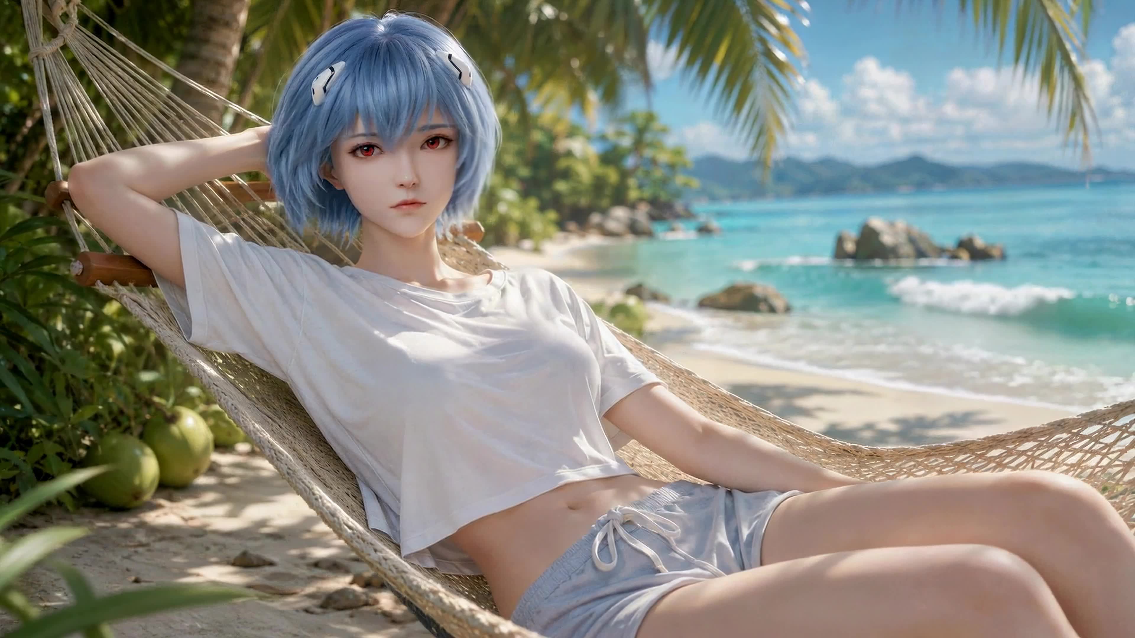 夏日沙滩蓝发少女
