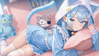 卧室蓝发猫系软萌少女