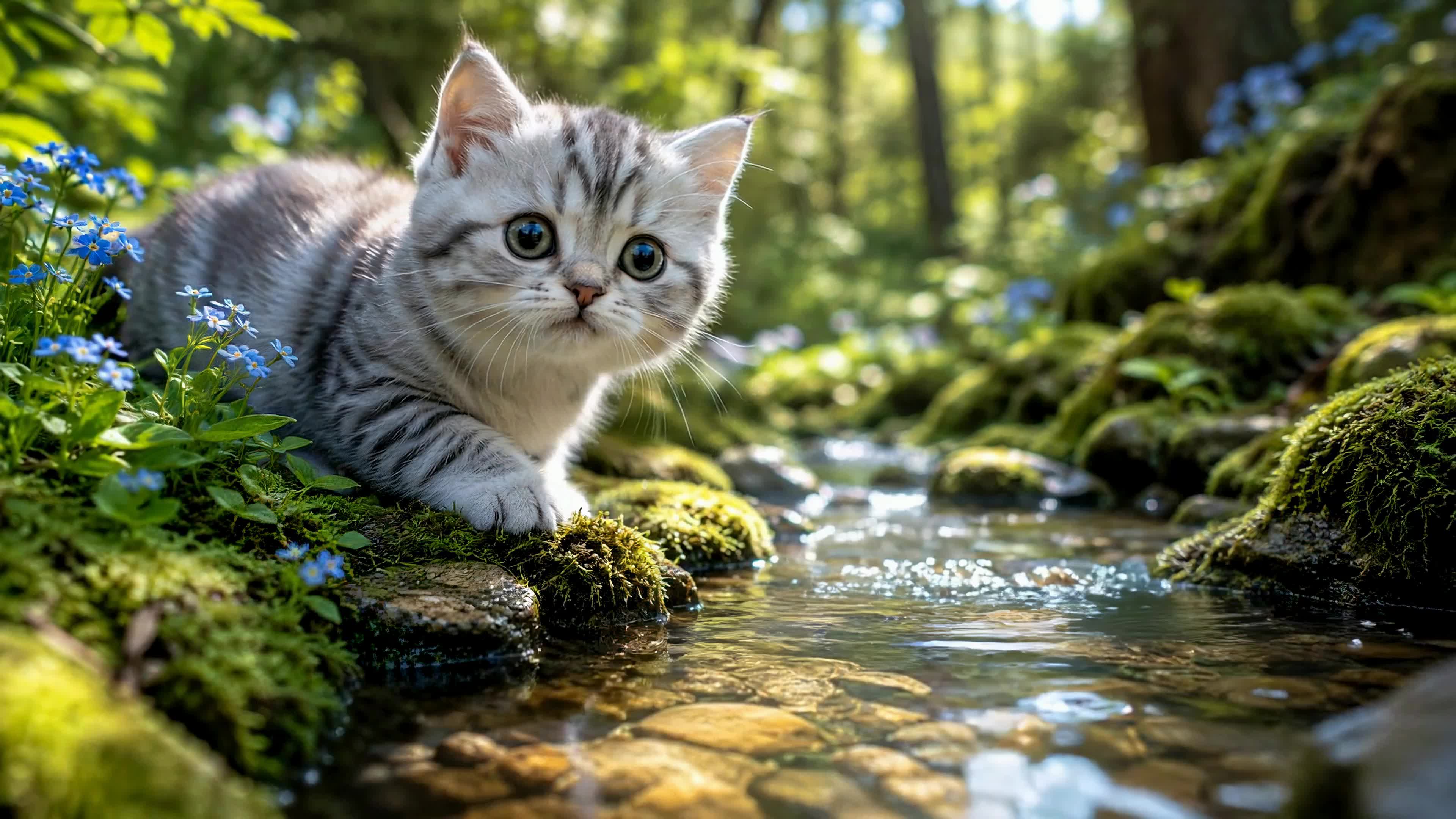林间溪流旁的软萌小猫
