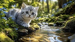 林间溪流旁的软萌小猫