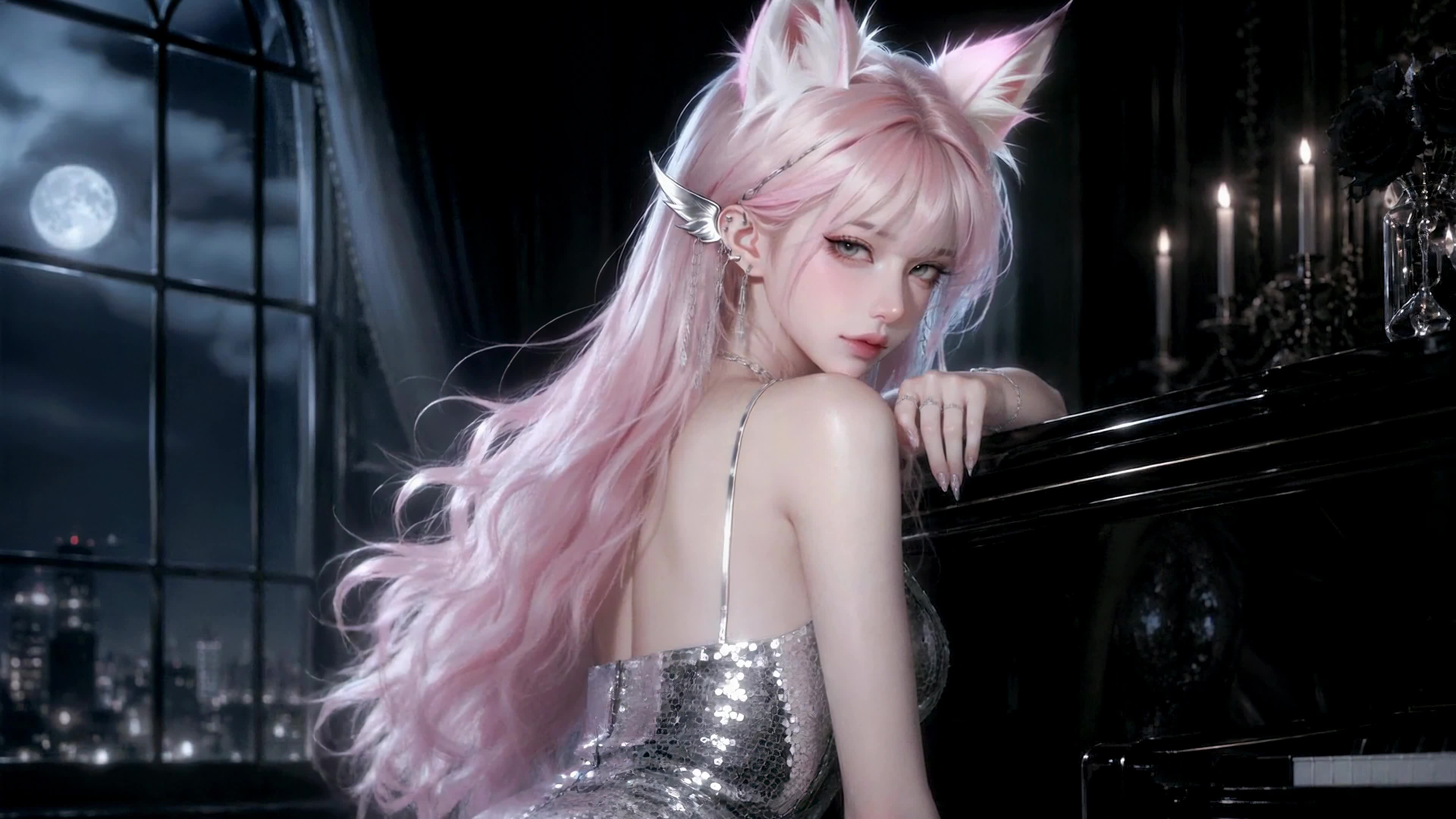 粉发猫耳暗夜钢琴少女