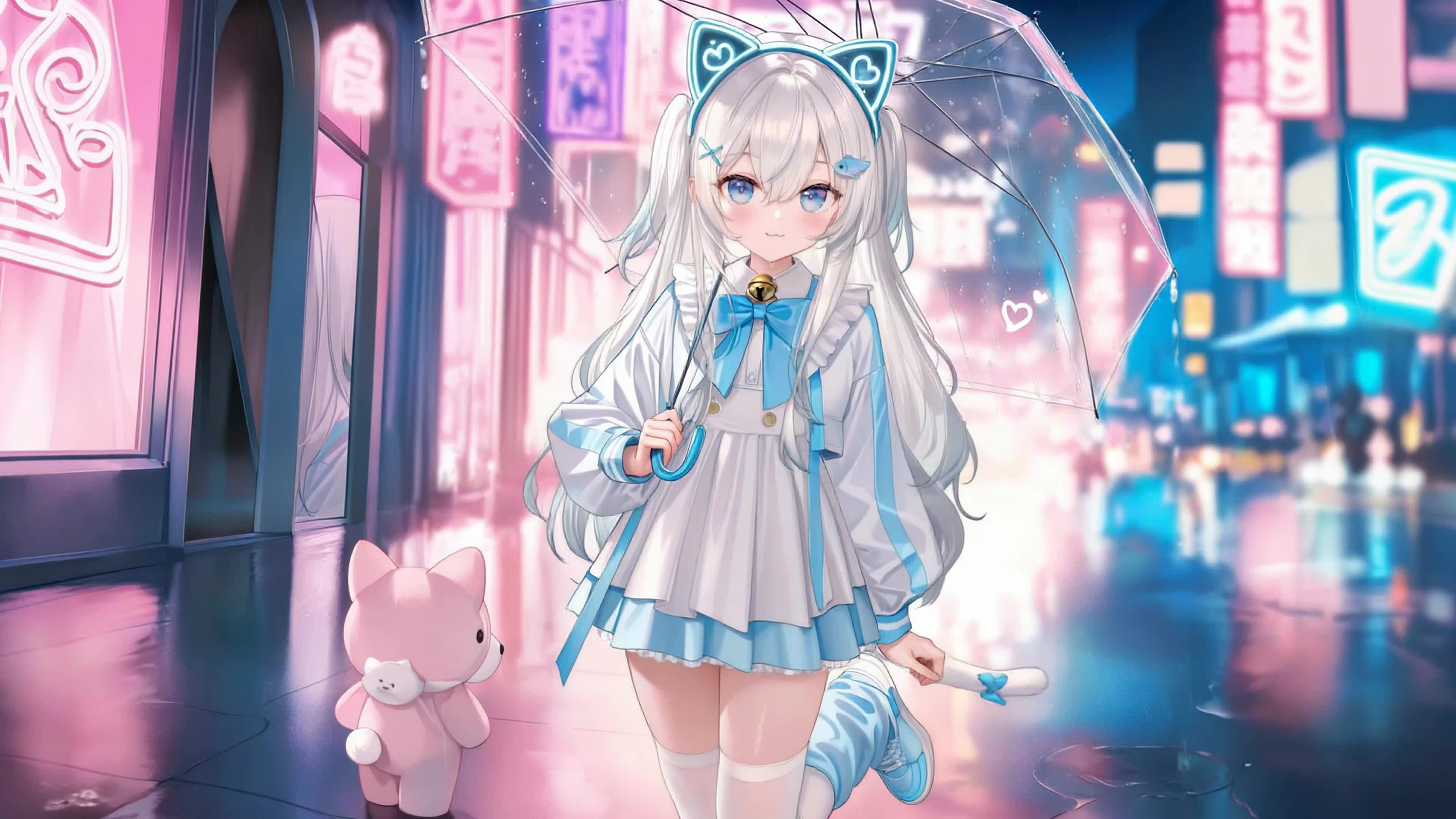 雨夜霓虹下的猫耳少女