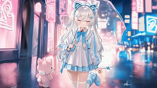 雨夜霓虹下的猫耳少女