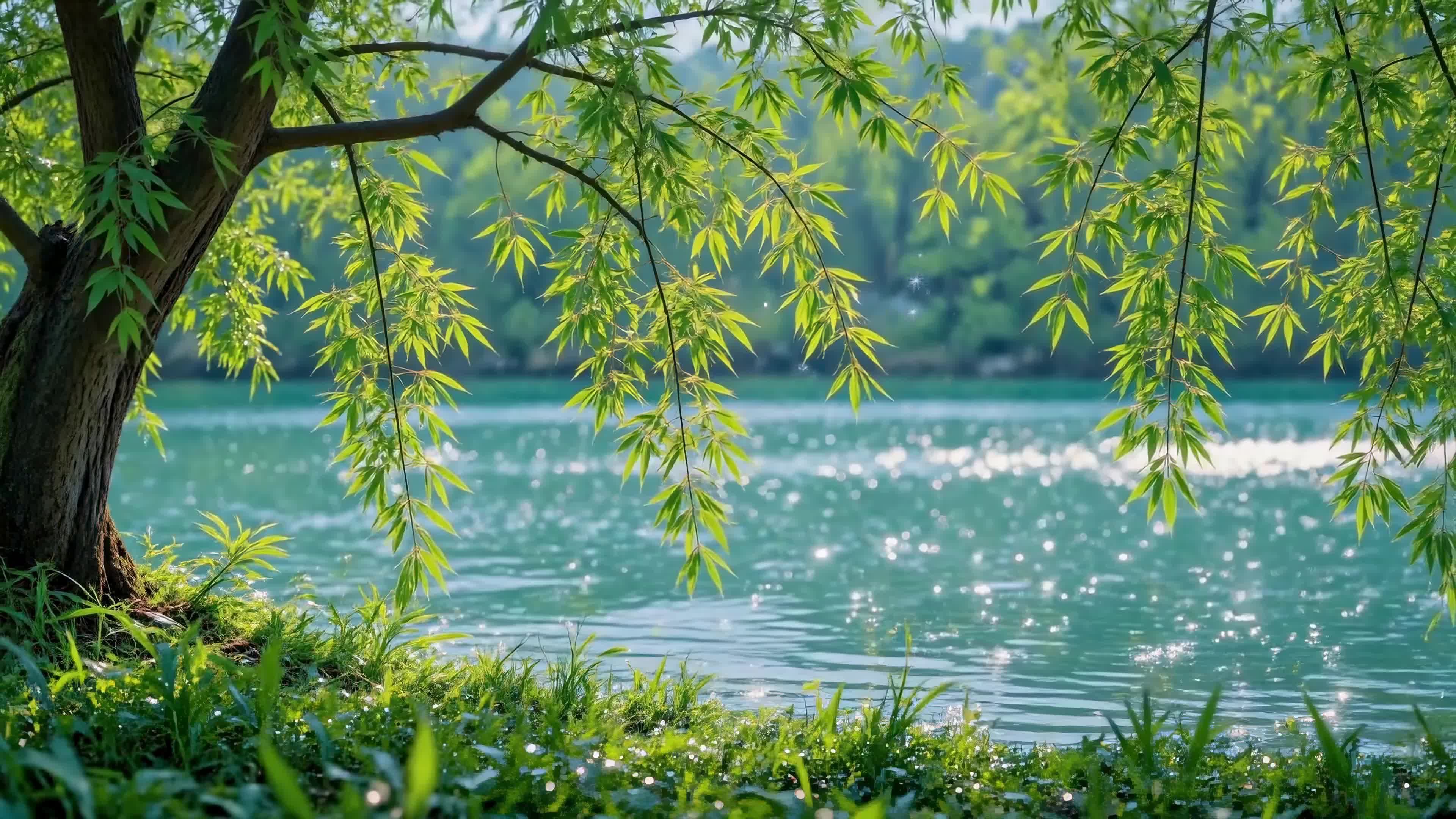 湖畔垂柳春光