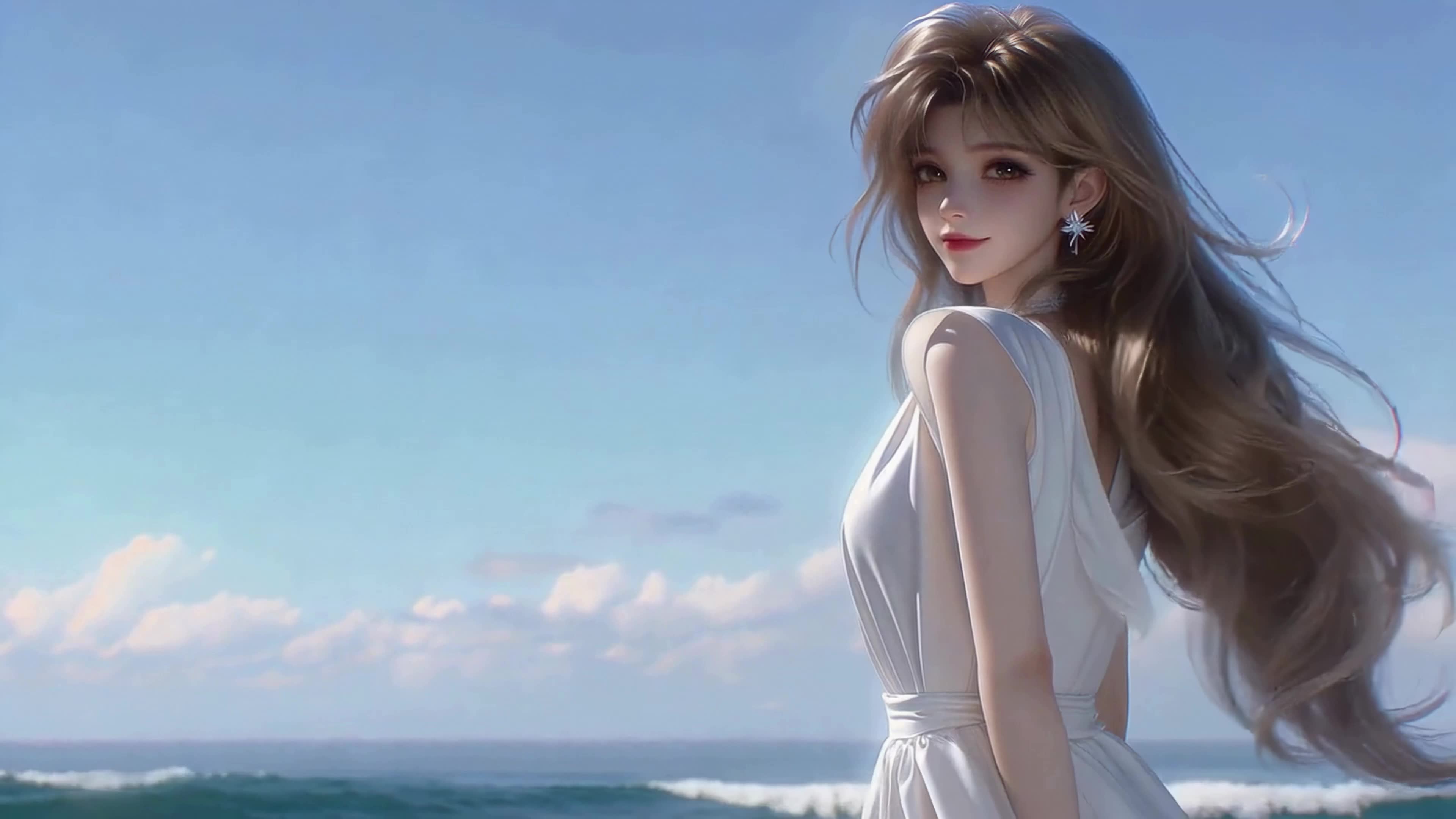 蓝海微风下的少女