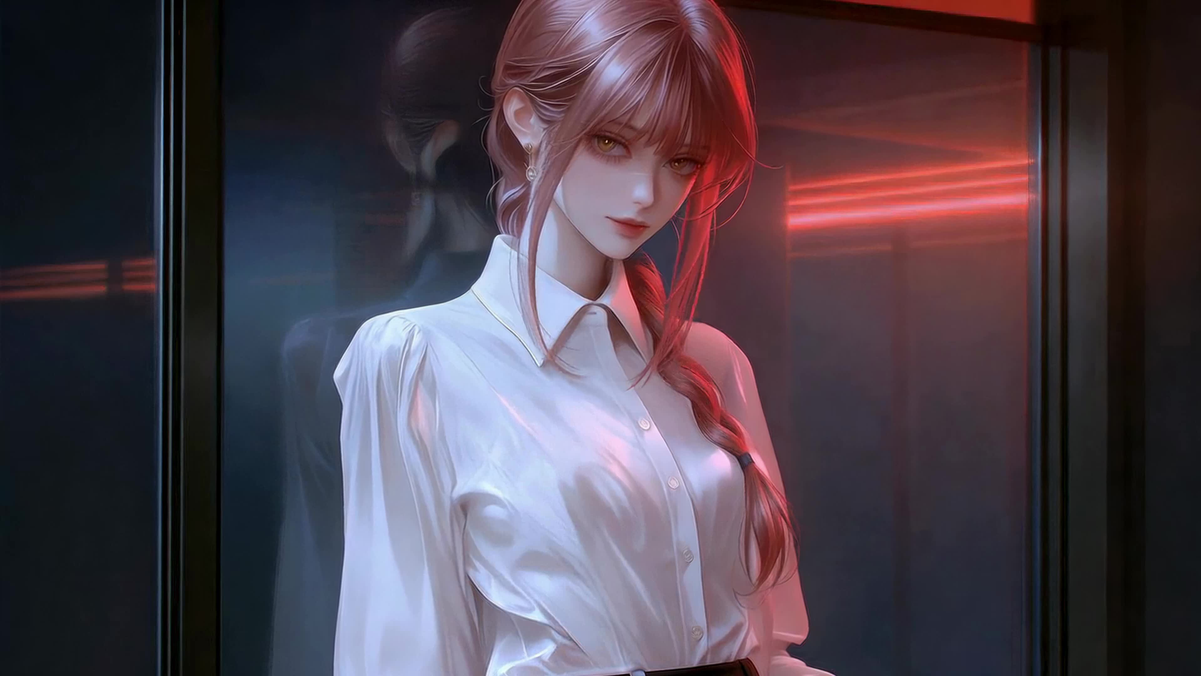 玻璃前的粉发少女