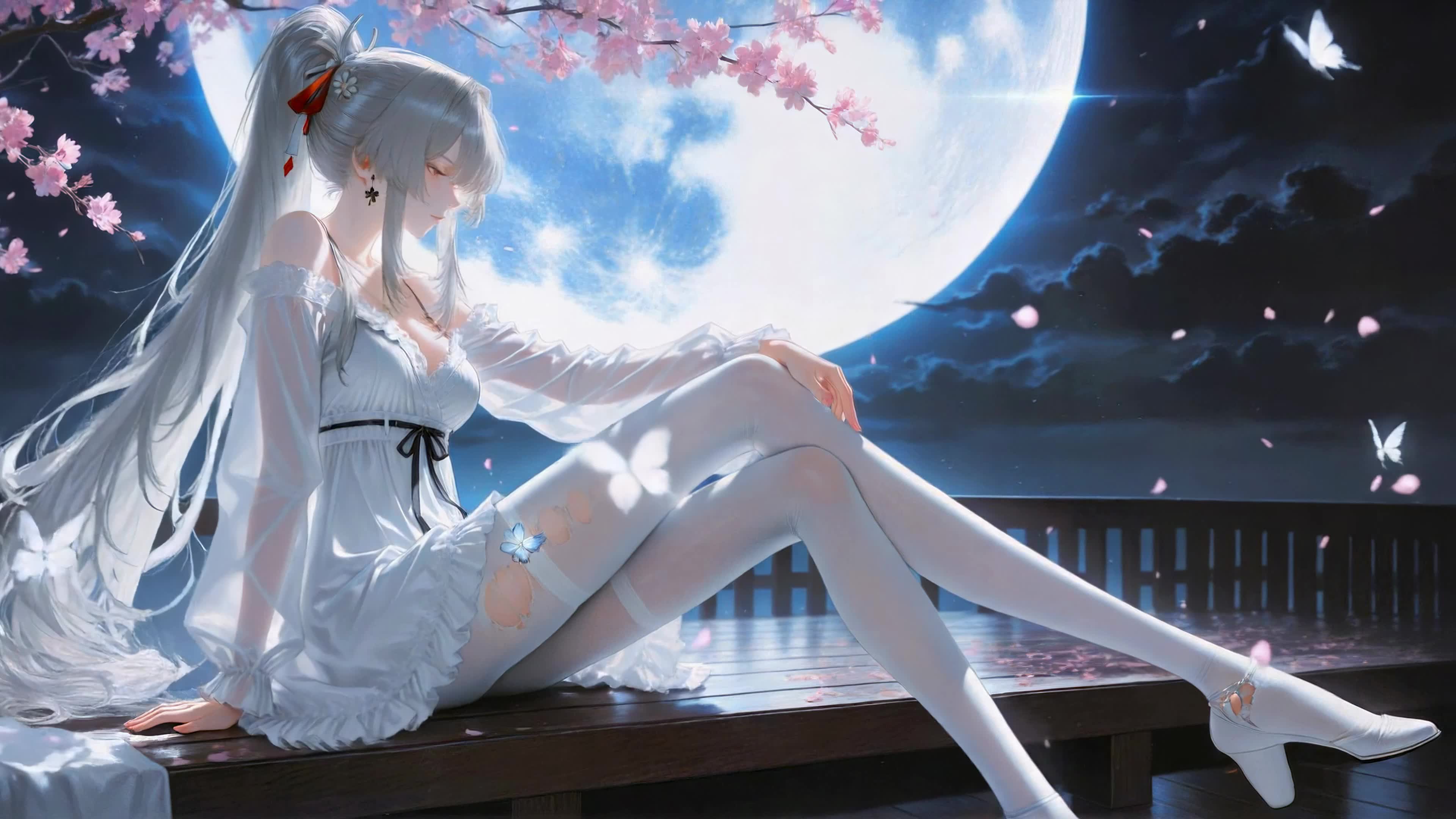 月夜樱花下的银发少女
