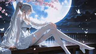 月夜樱花下的银发少女