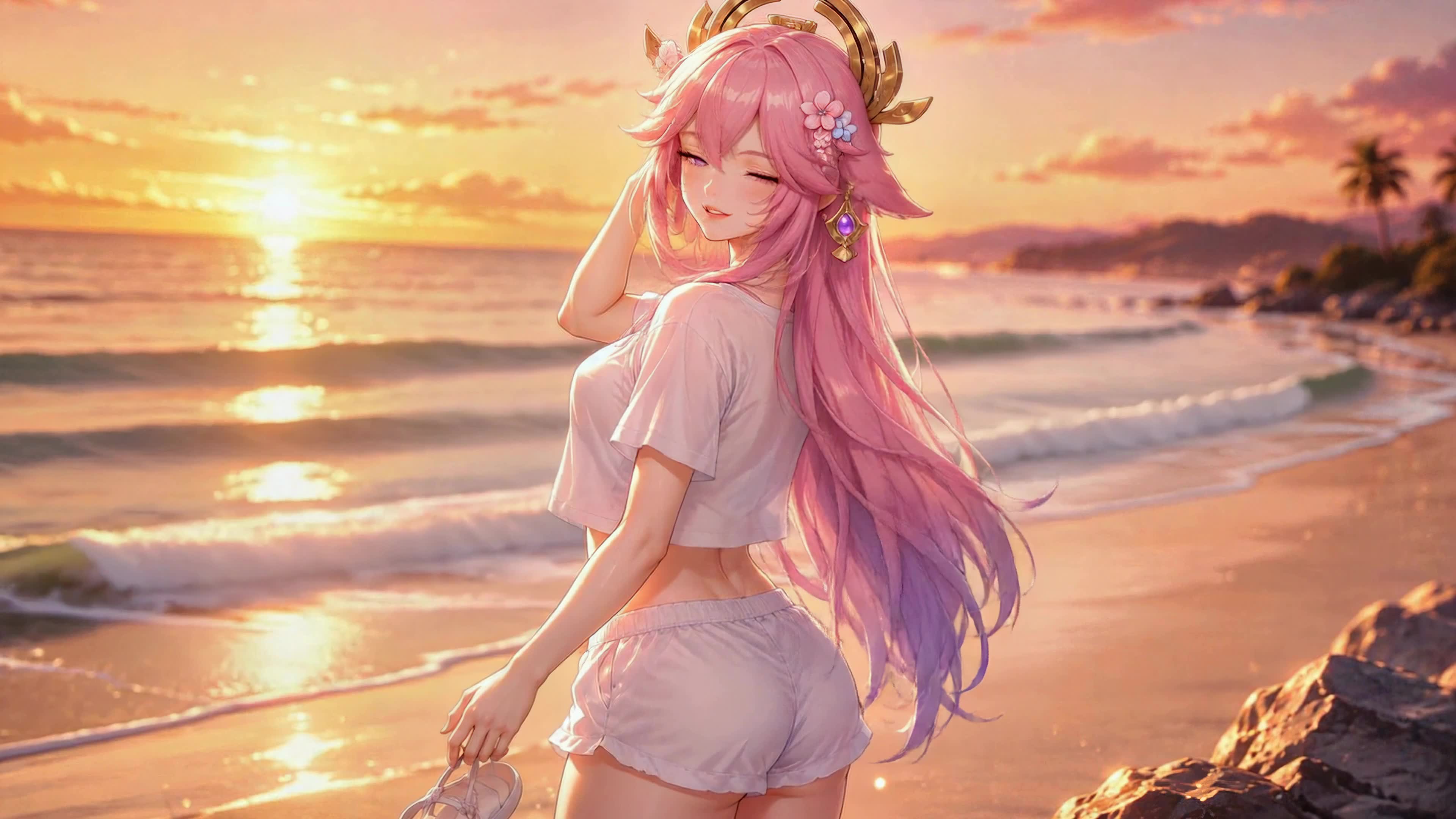 夕阳海滩粉发少女