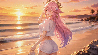 夕阳海滩粉发少女