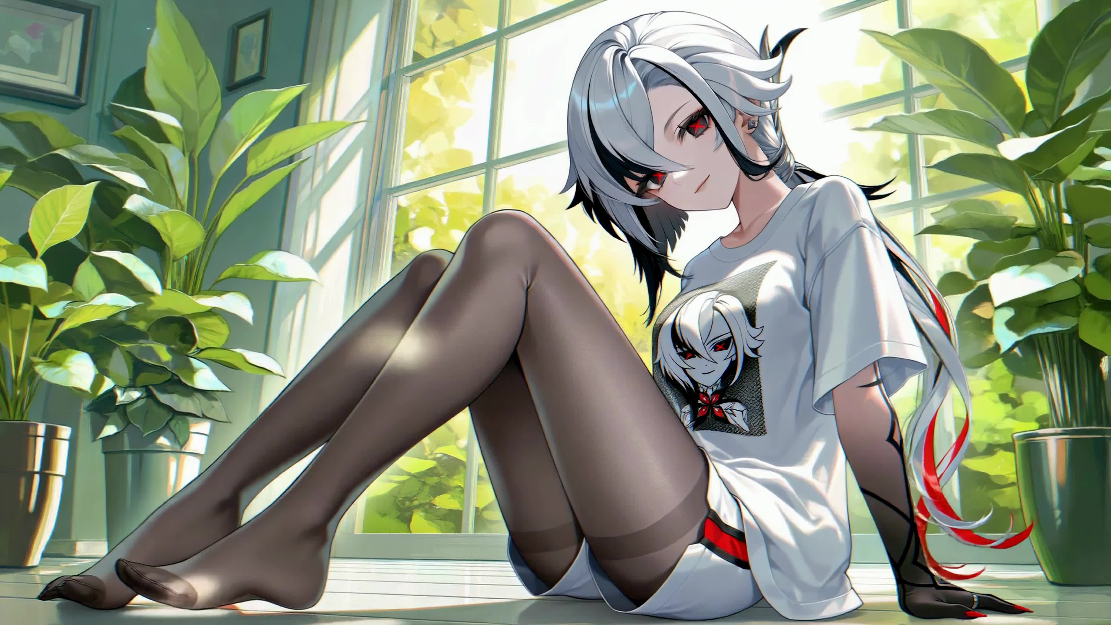 窗边闲暇银发少女