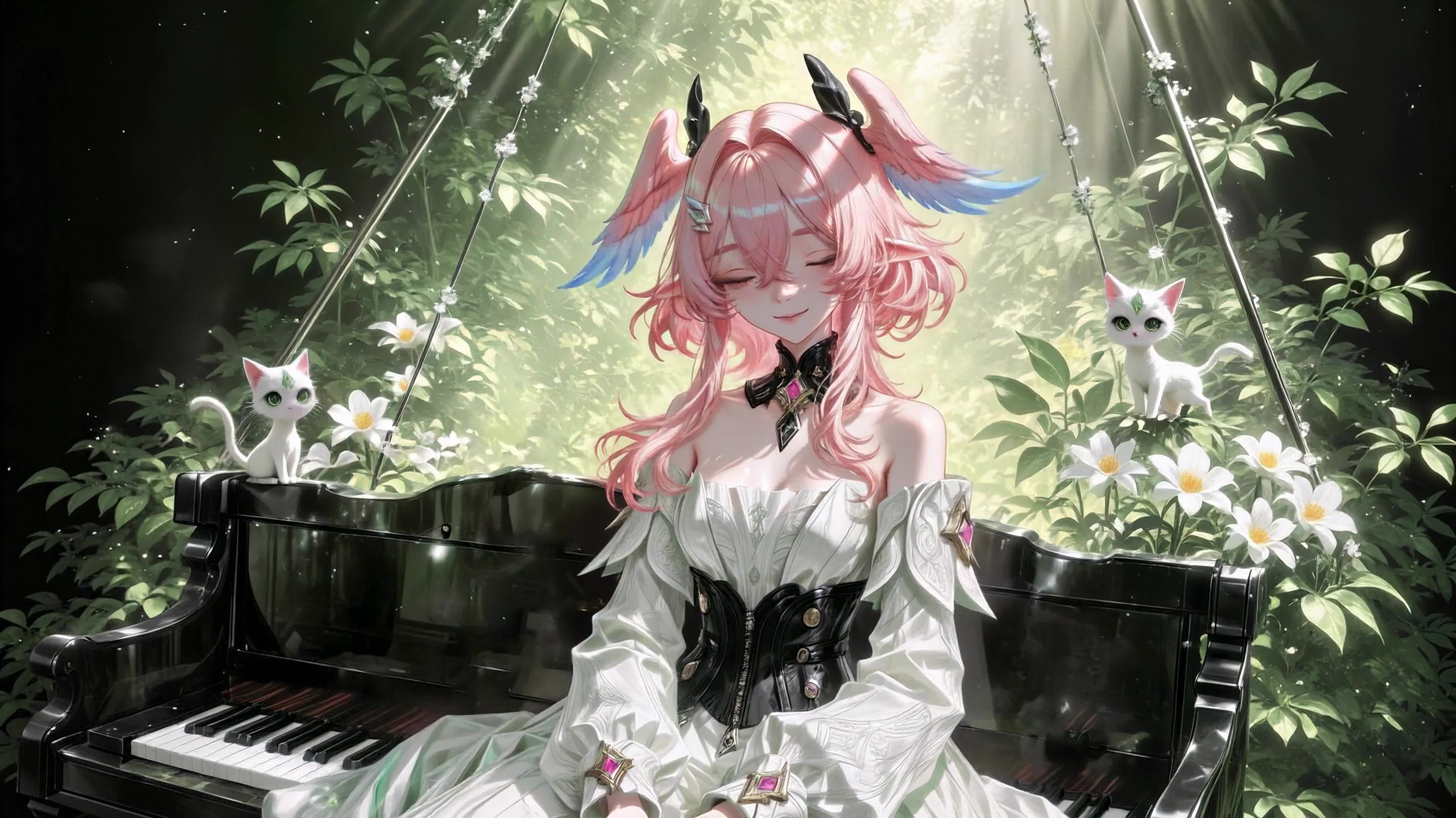 林间钢琴粉发少女