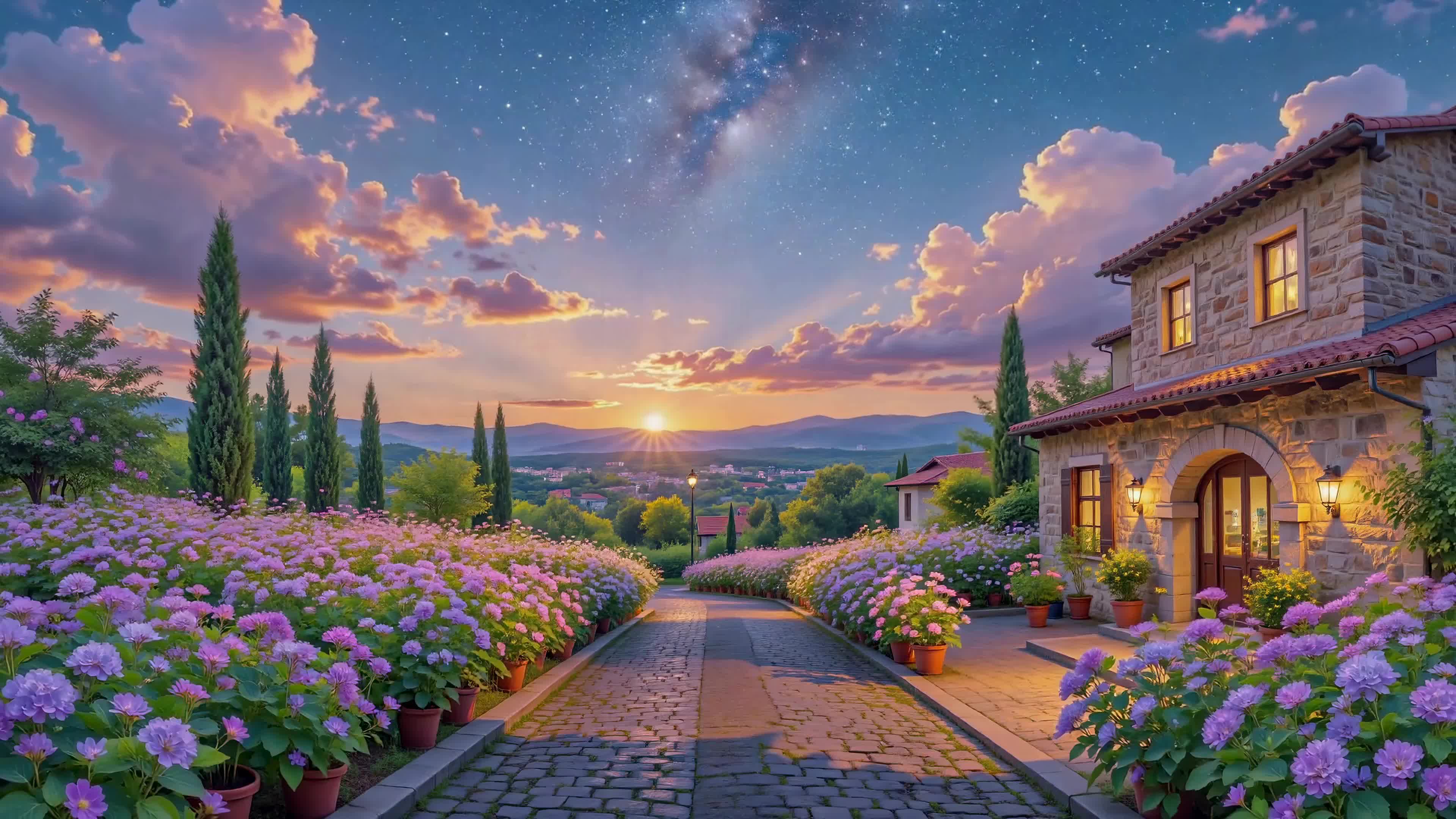 日落星空花径小院