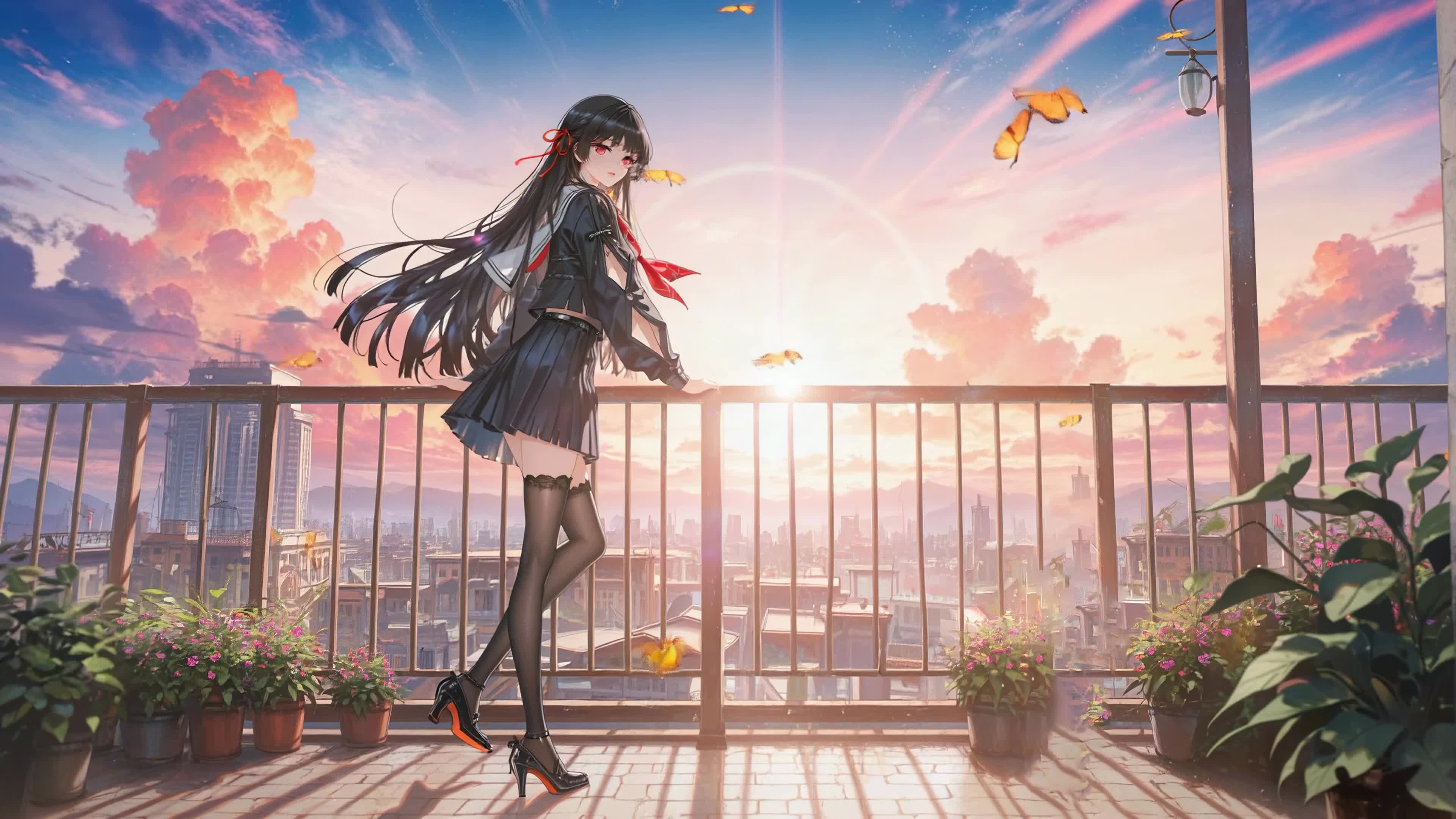 阳台晚霞下的少女