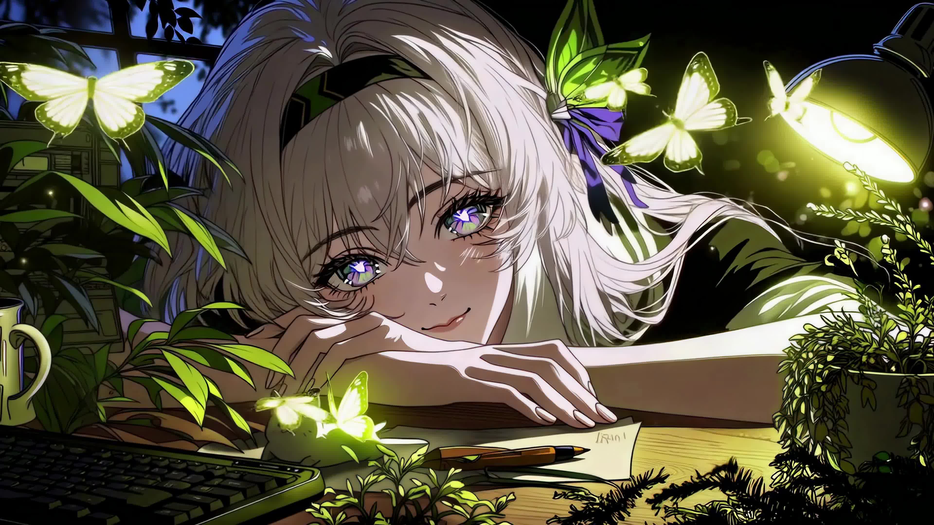 夜灯下的银发少女
