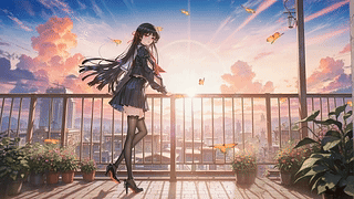 阳台晚霞下的少女