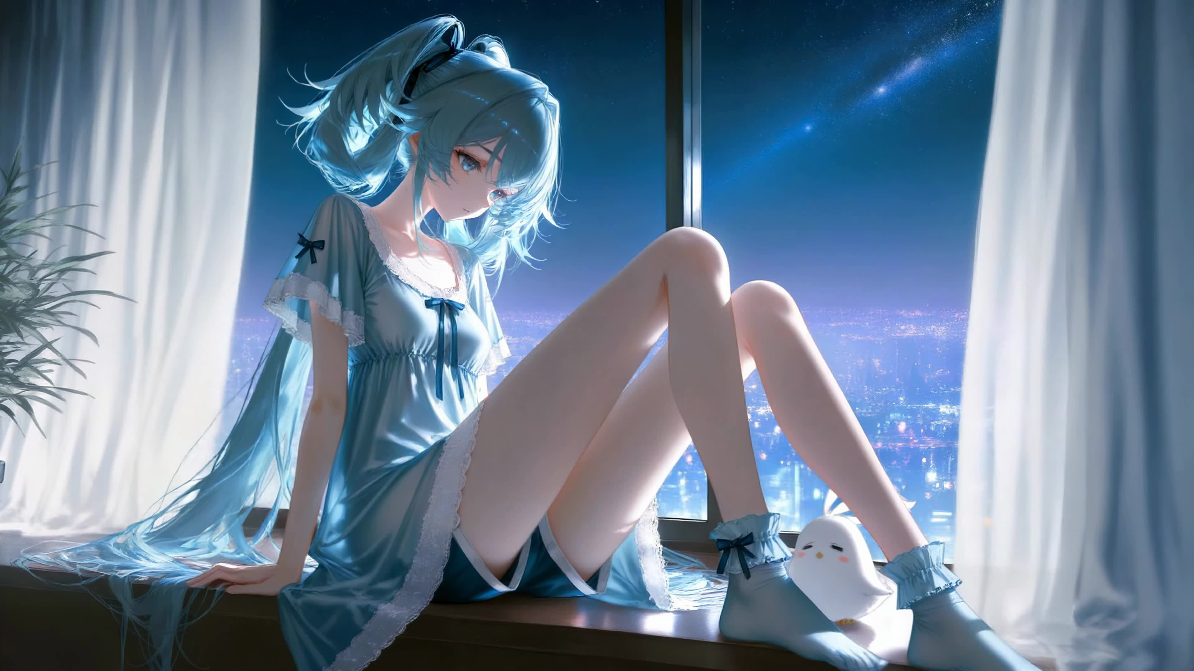 夜色窗边的蓝发少女