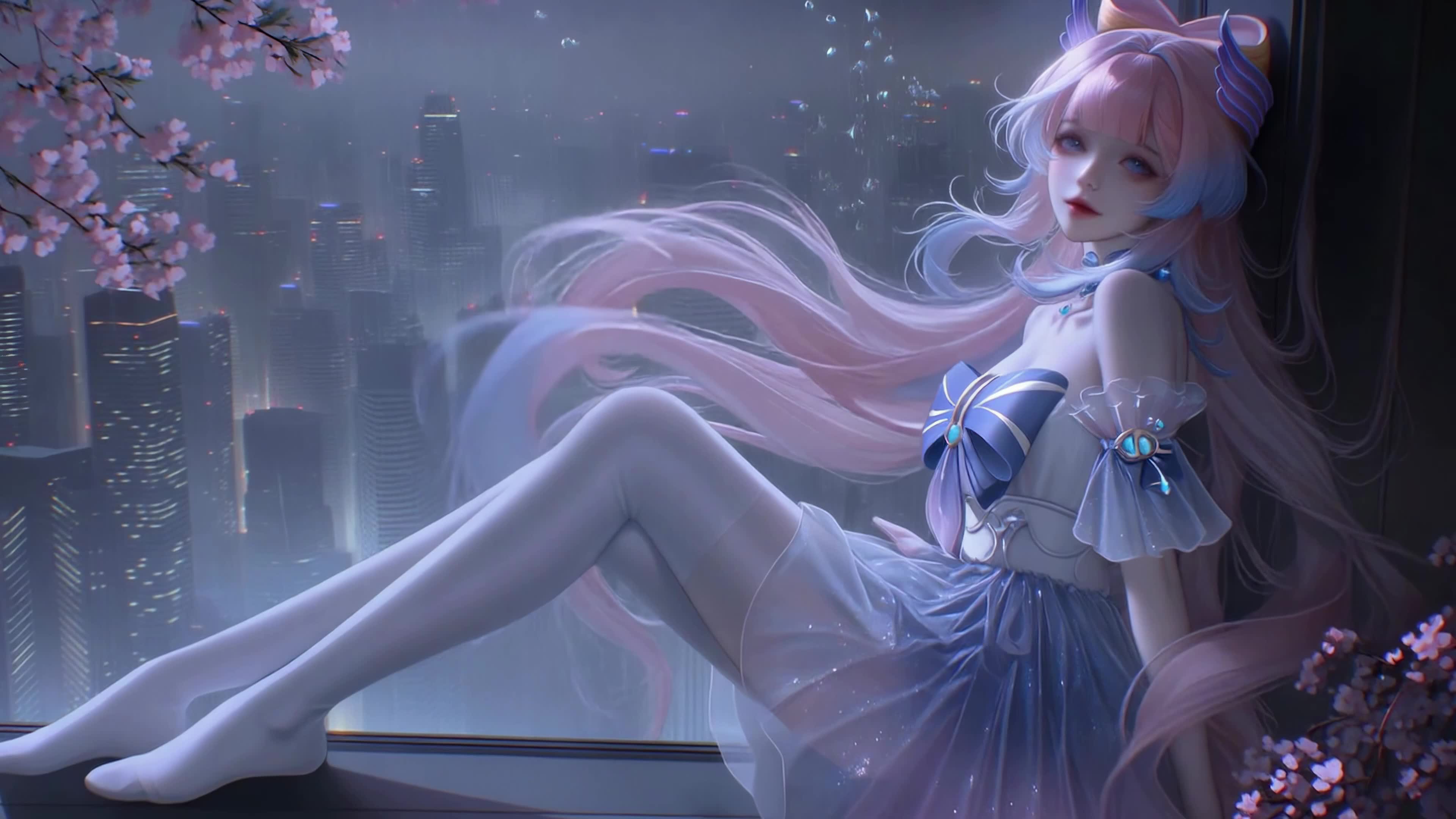 雨夜窗台粉发少女