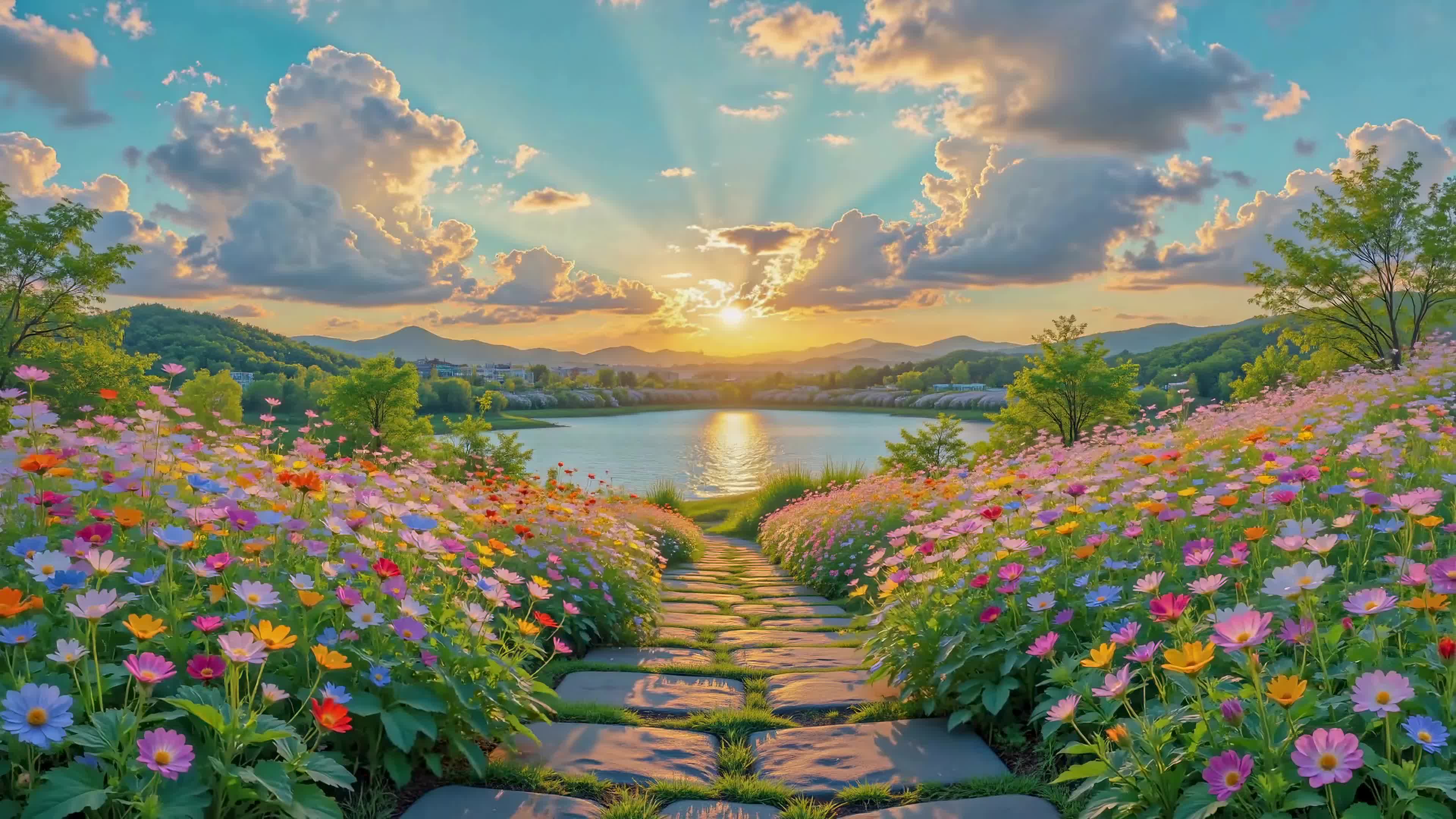 湖畔花海日落步道