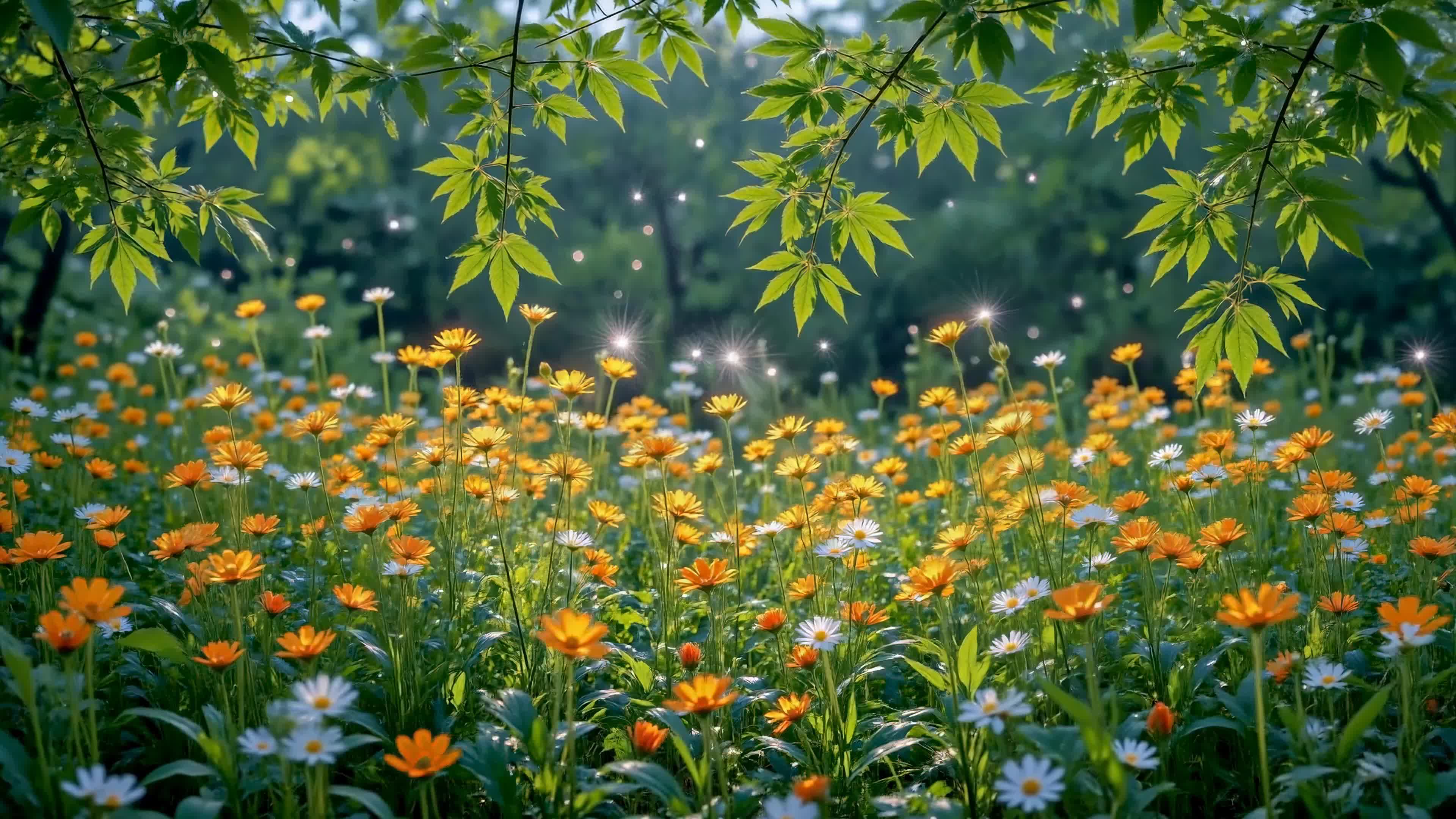 晴日林间野花田