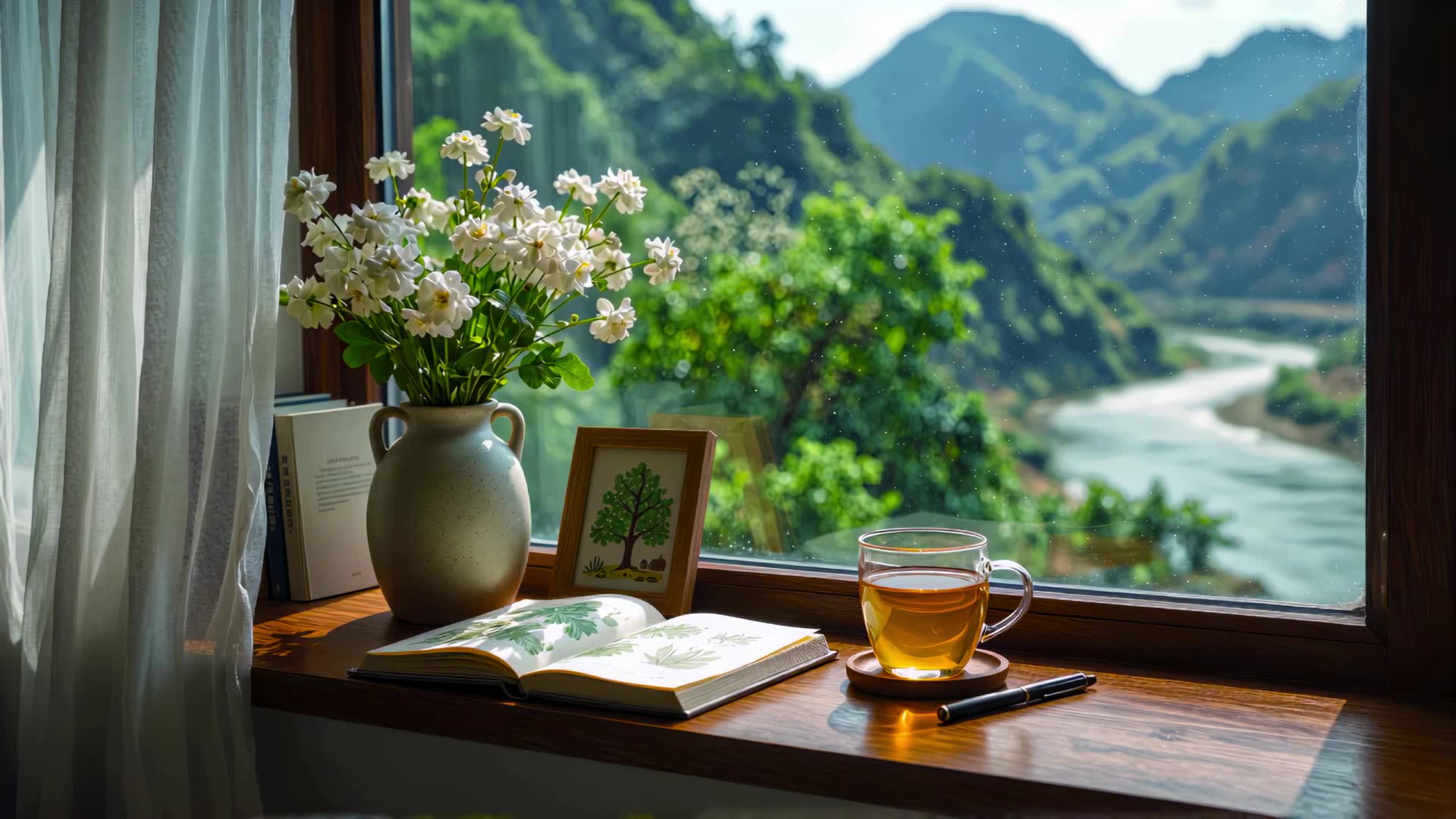 窗前山河景