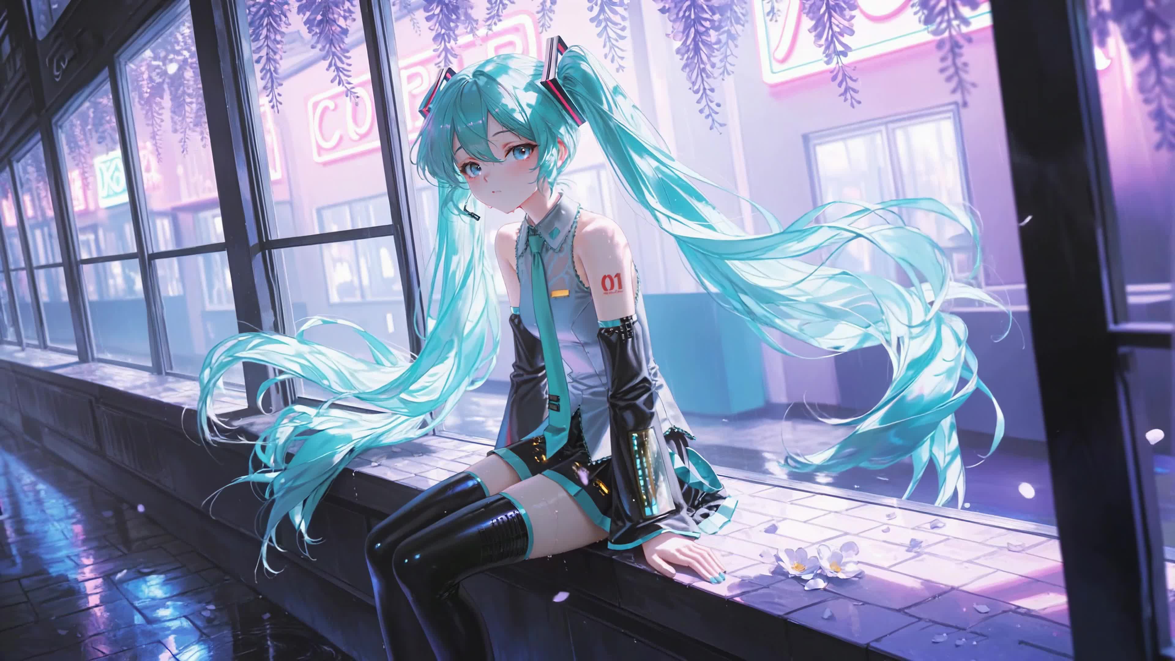 雨夜街边青发少女