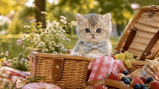 野餐篮里的软萌小猫