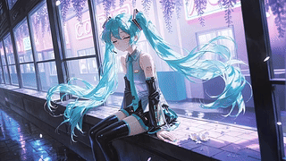 雨夜街边青发少女