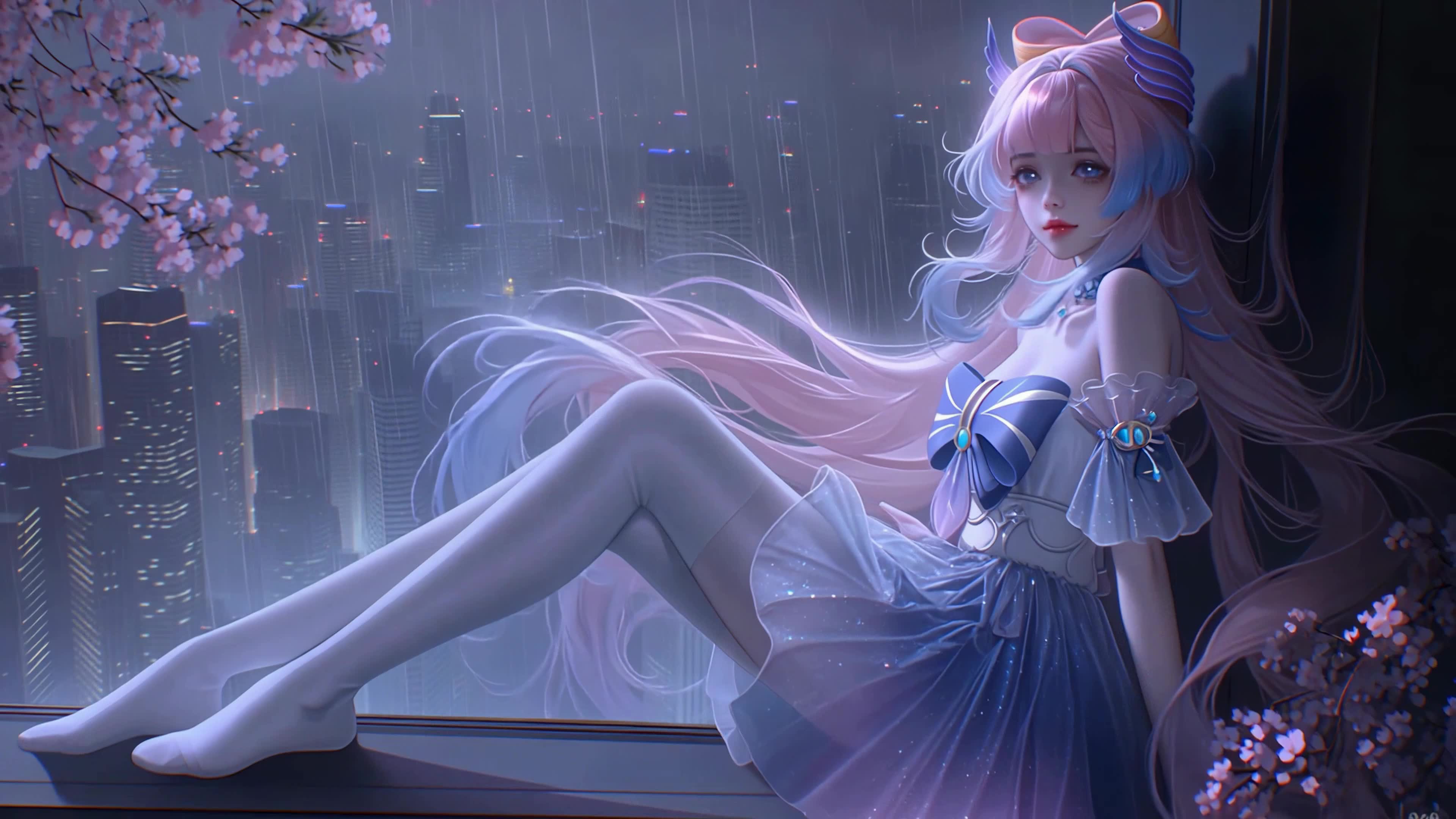 雨夜窗边蓝裙少女