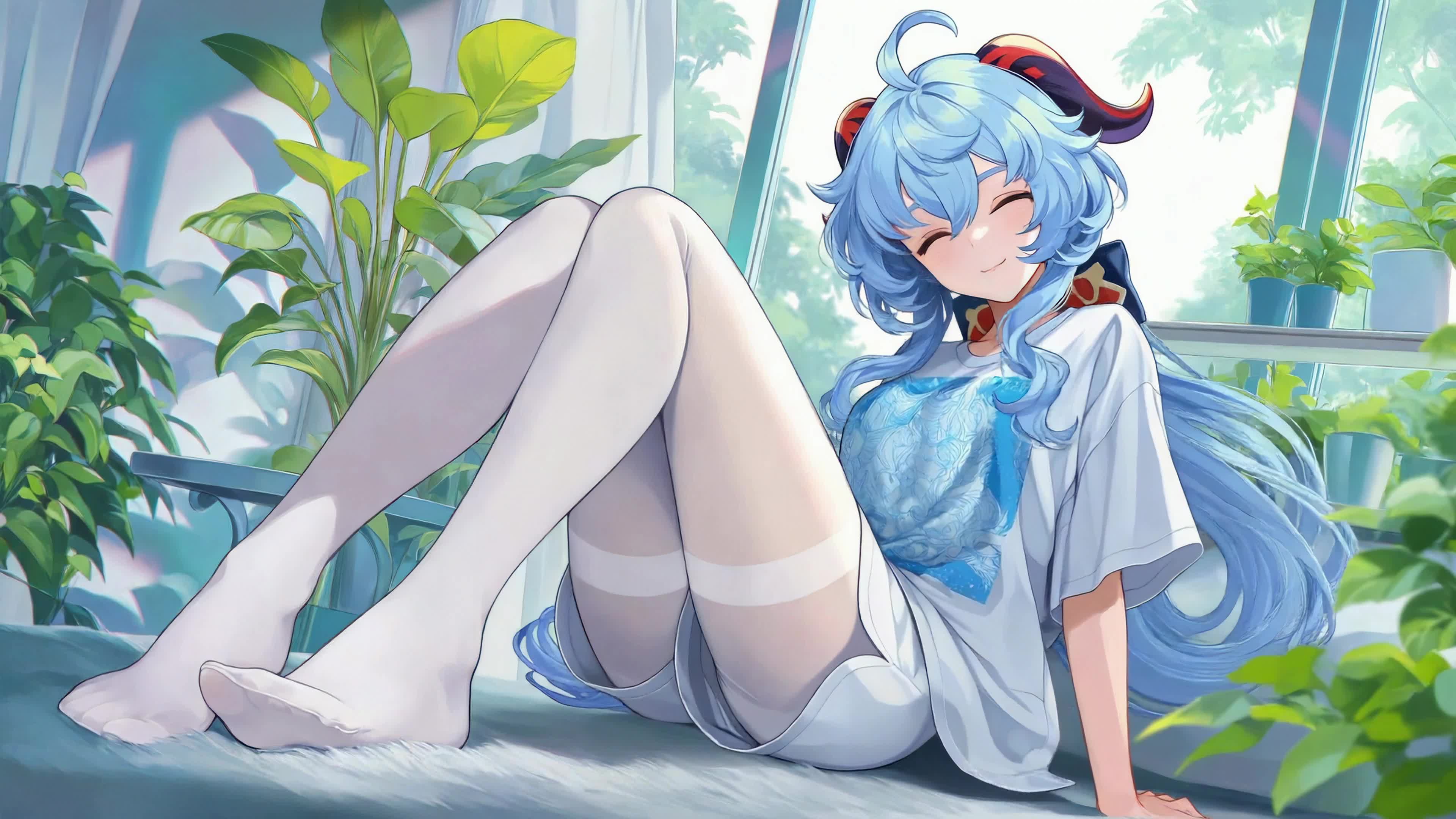窗边休闲蓝发少女