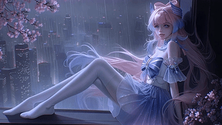 雨夜窗边蓝裙少女