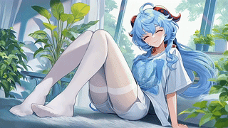 窗边休闲蓝发少女