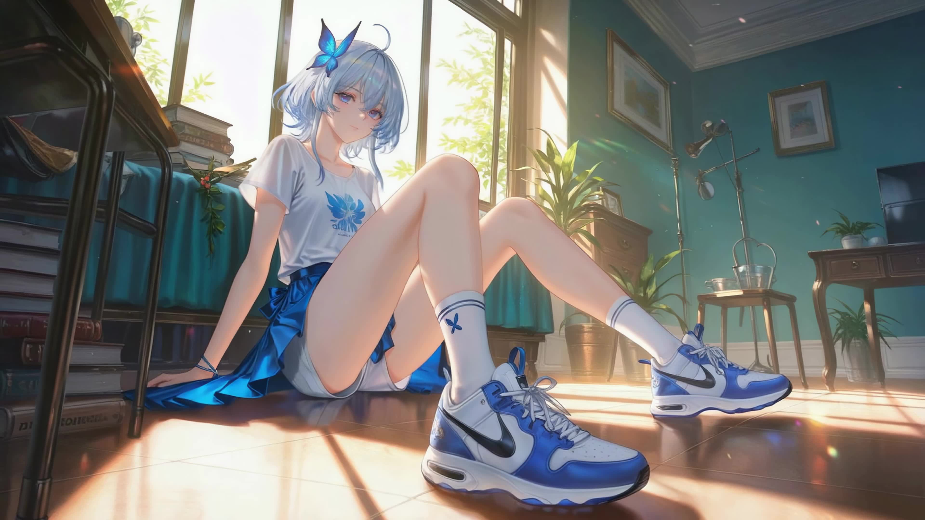午后窗边蓝发少女