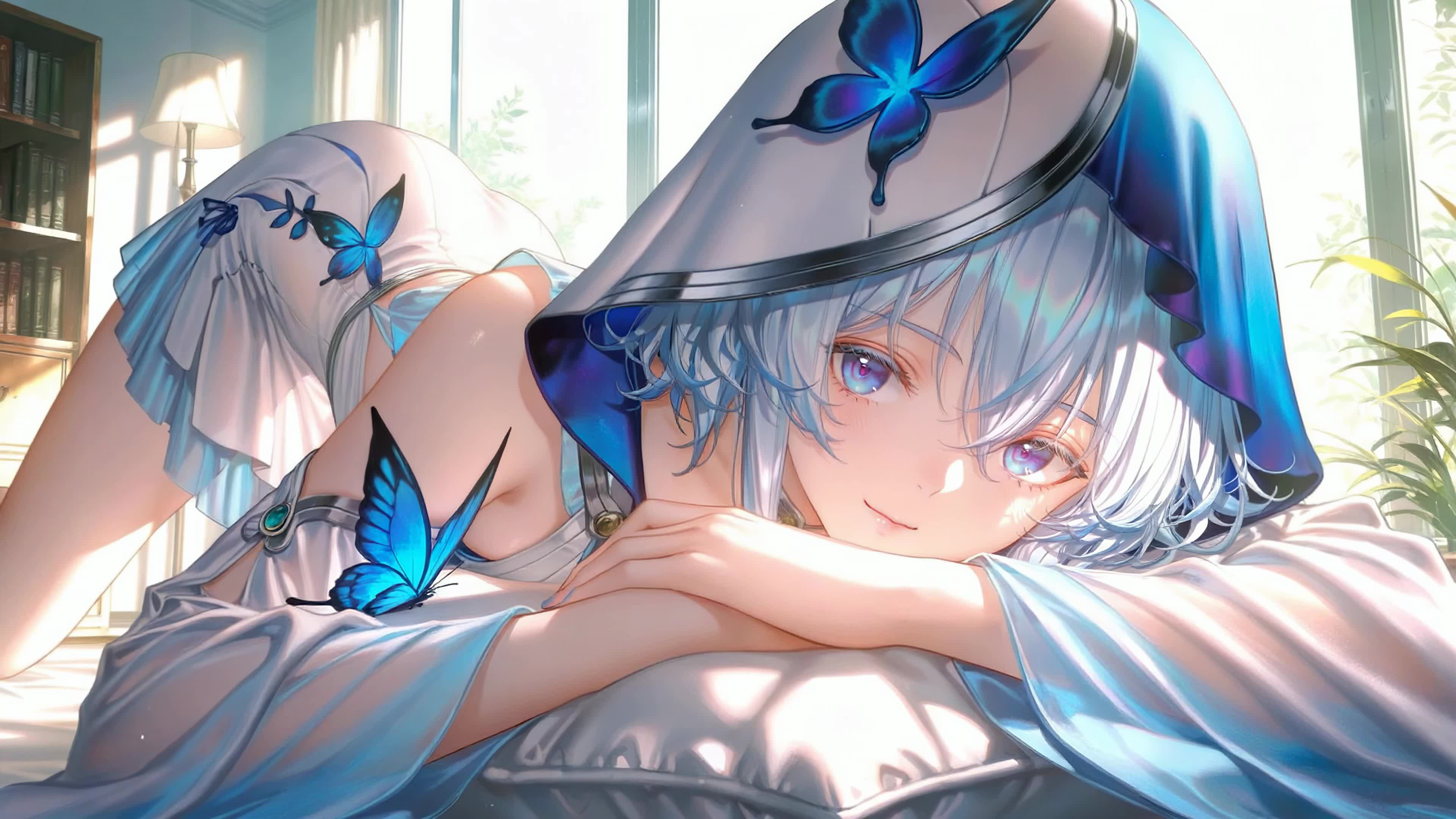 暖阳蓝蝶窗边少女