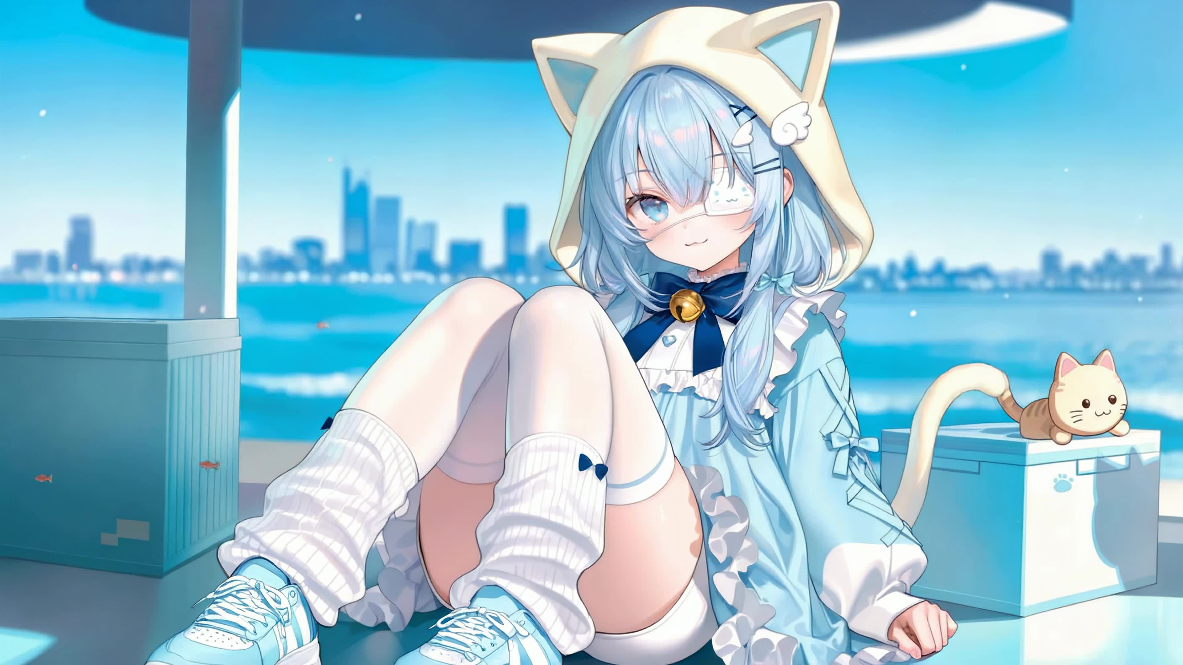 海边小憩的猫耳少女