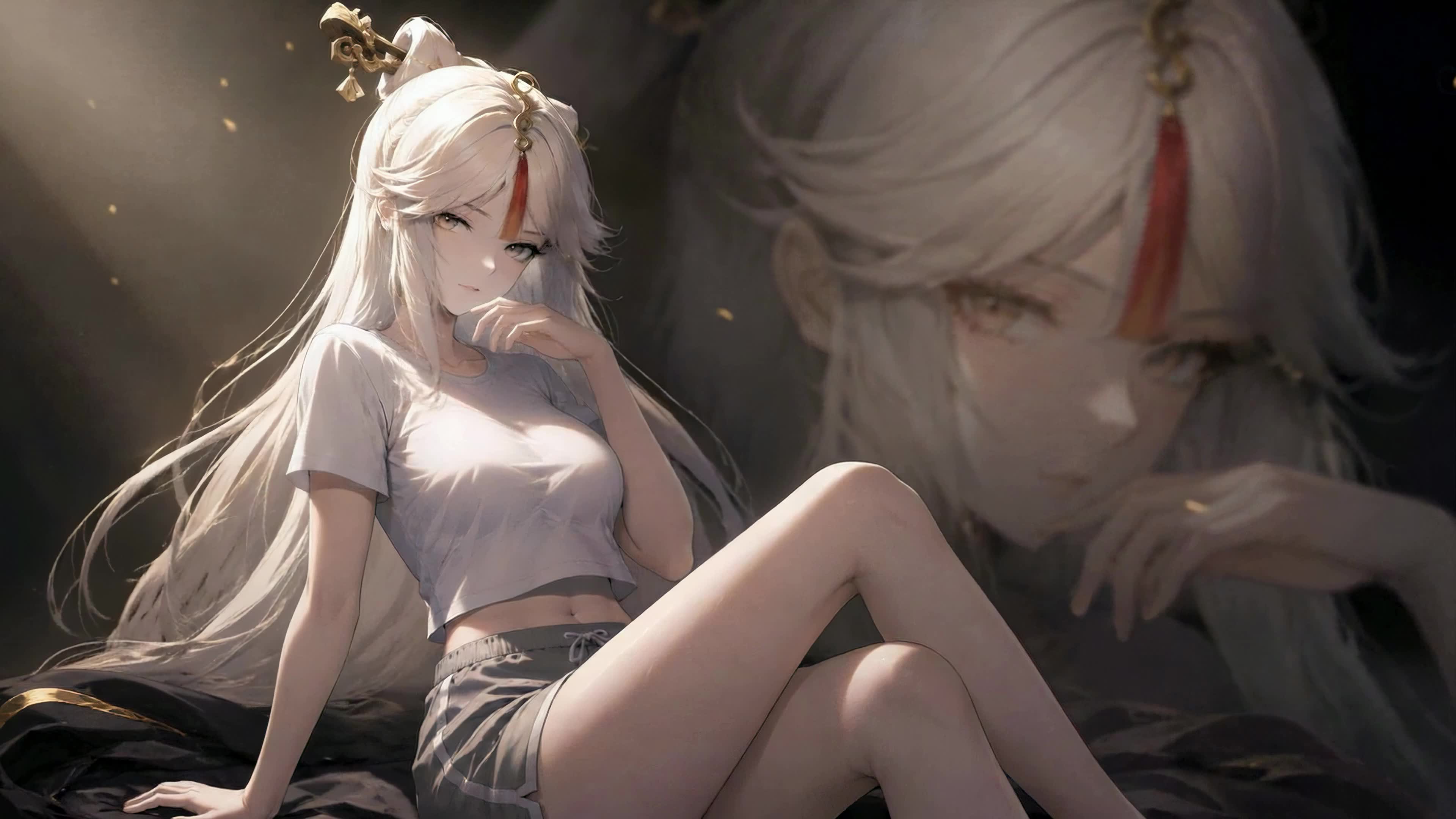 光影下的银发休闲少女