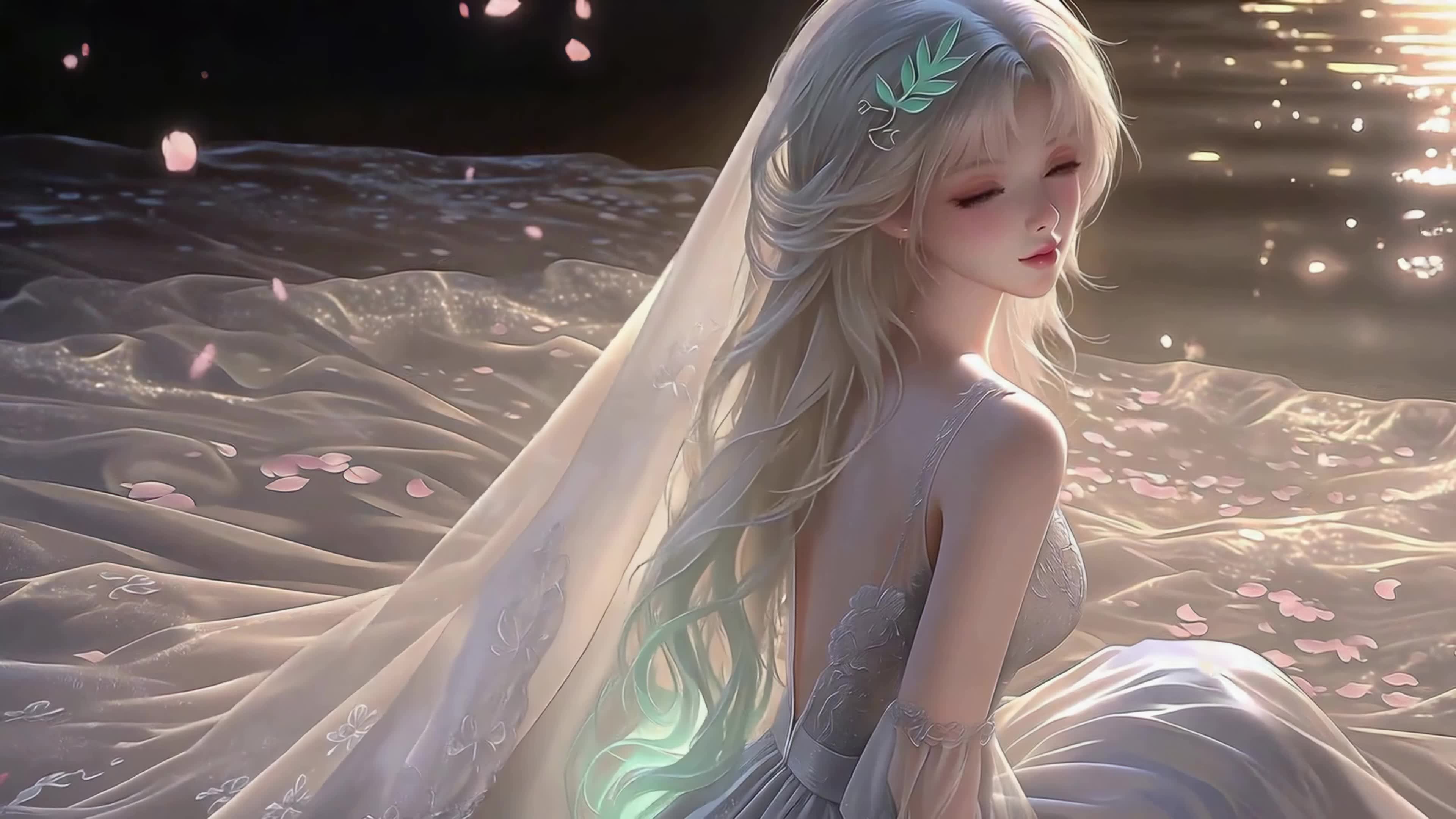 海边银发纱裙少女