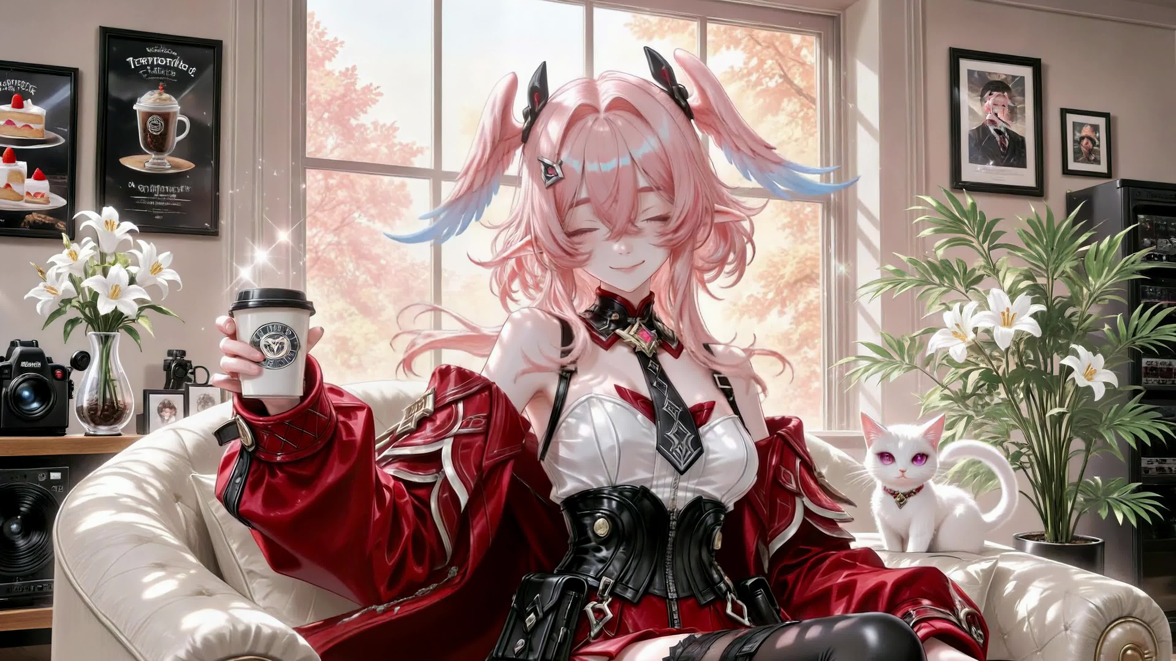 暖阳午后粉发少女与猫