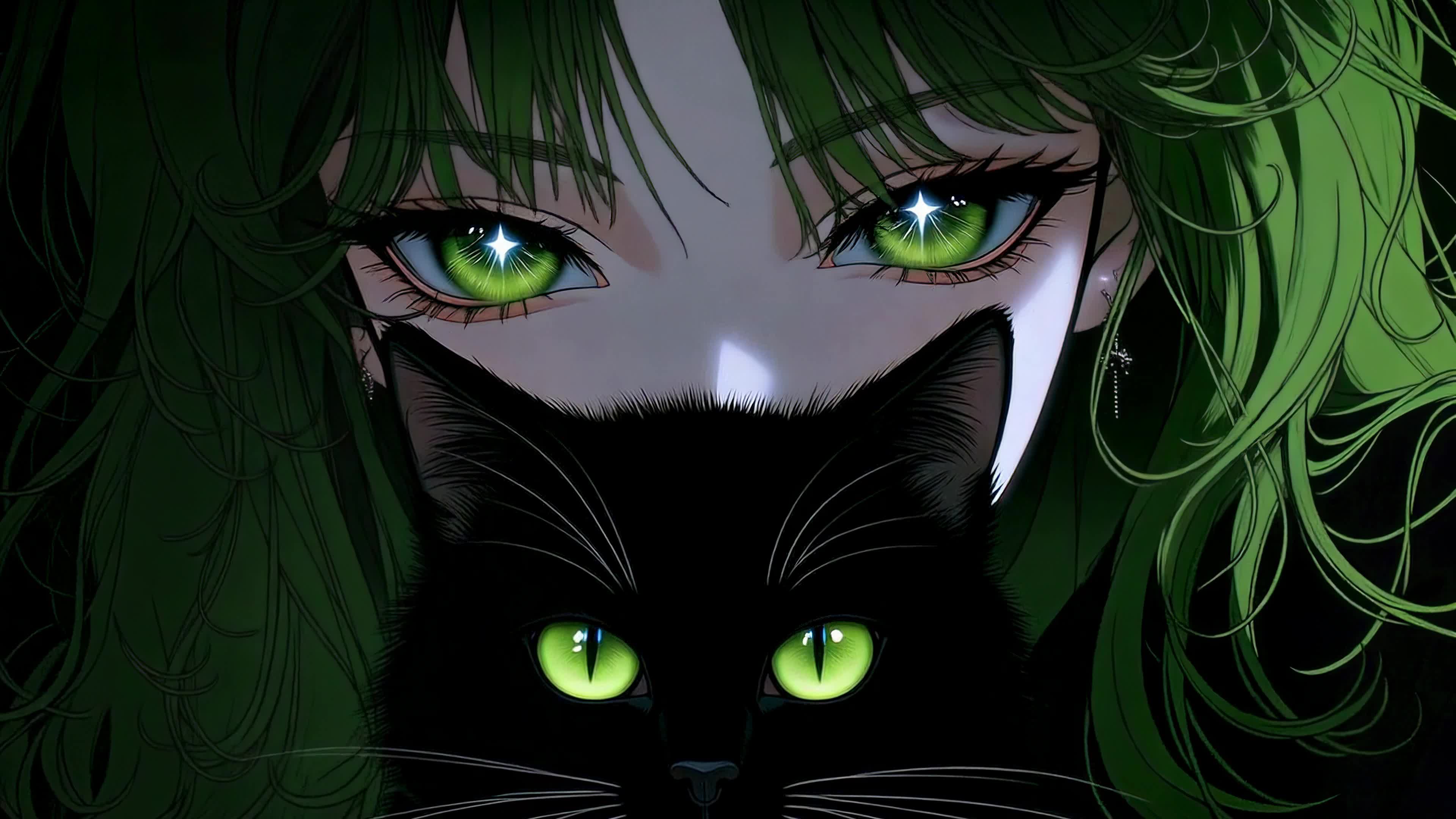 绿发少女与黑猫