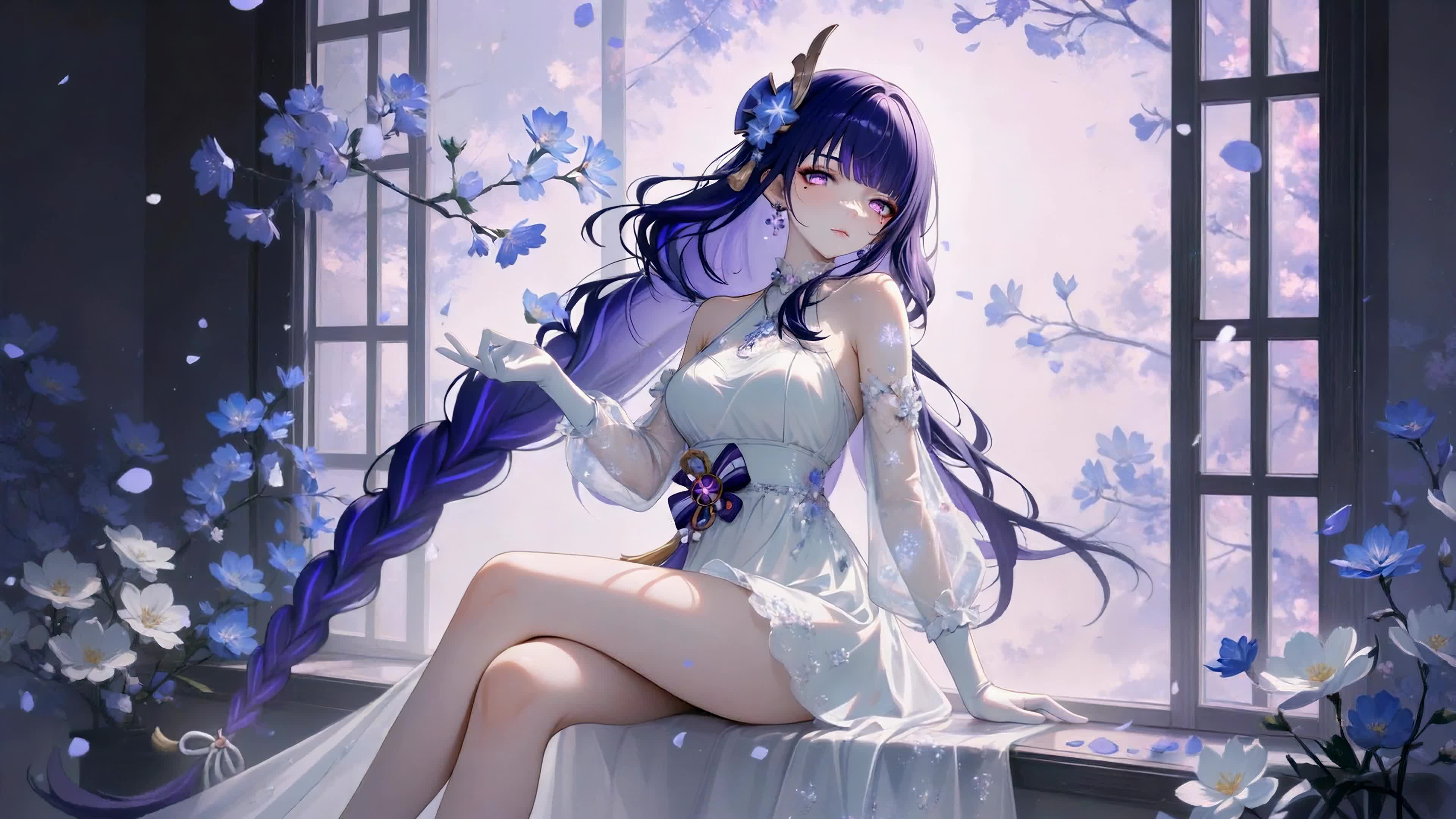 紫发蓝花窗边少女
